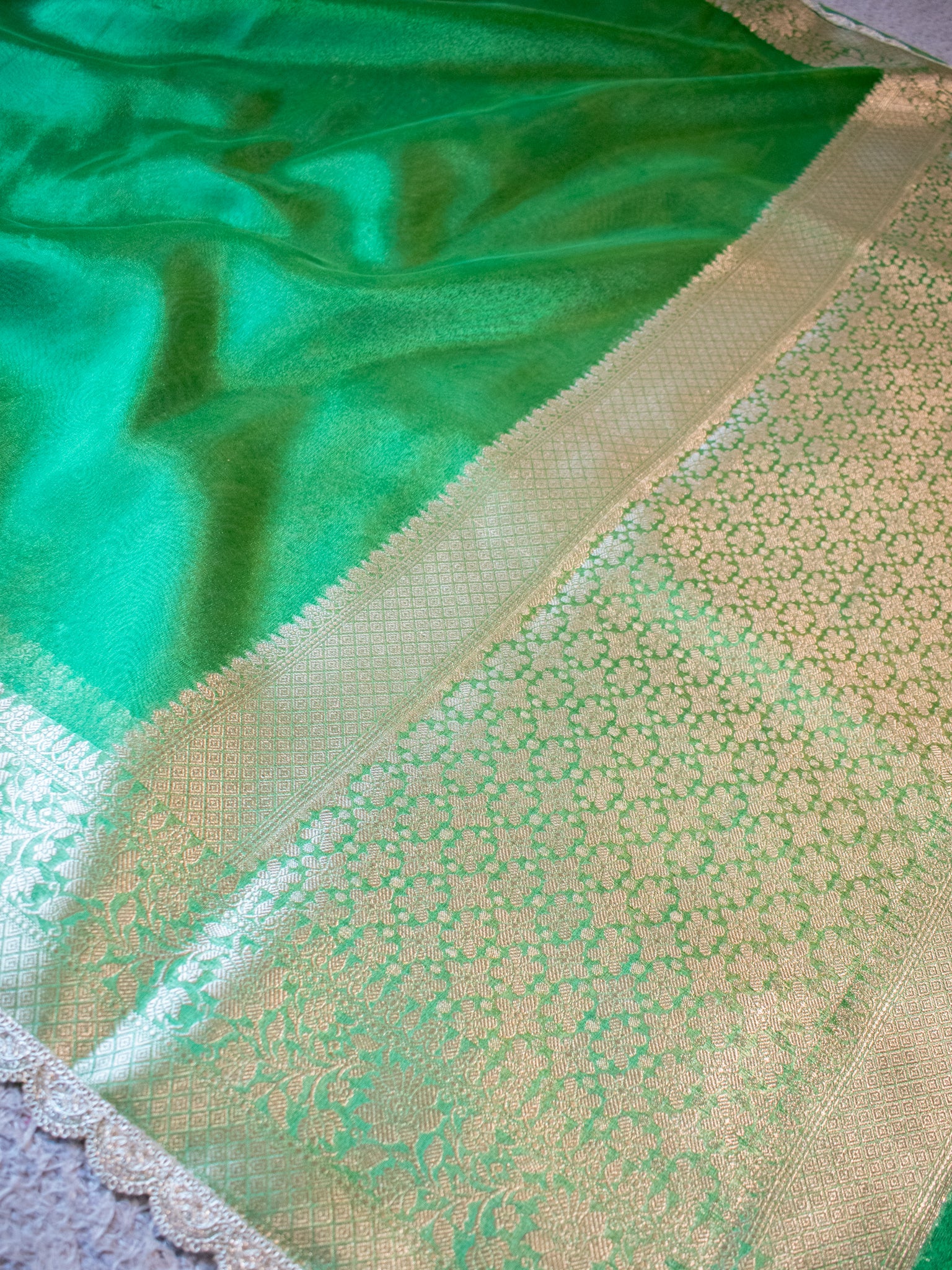 Banarasi Plain Tissue Saree With Lace Border - Green