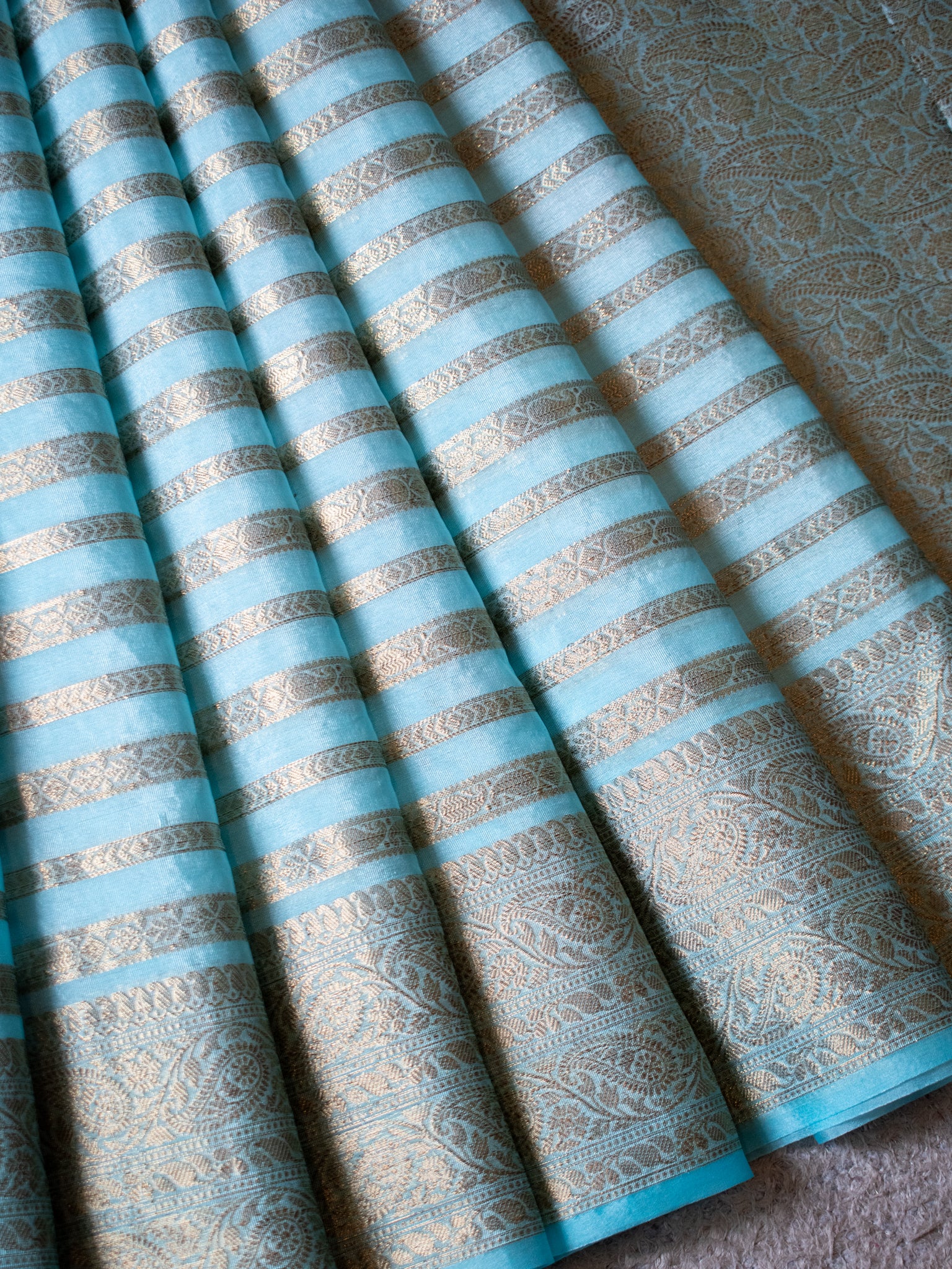 Banarasi Semi Cotton Saree Antique Weaving &  Border- Blue