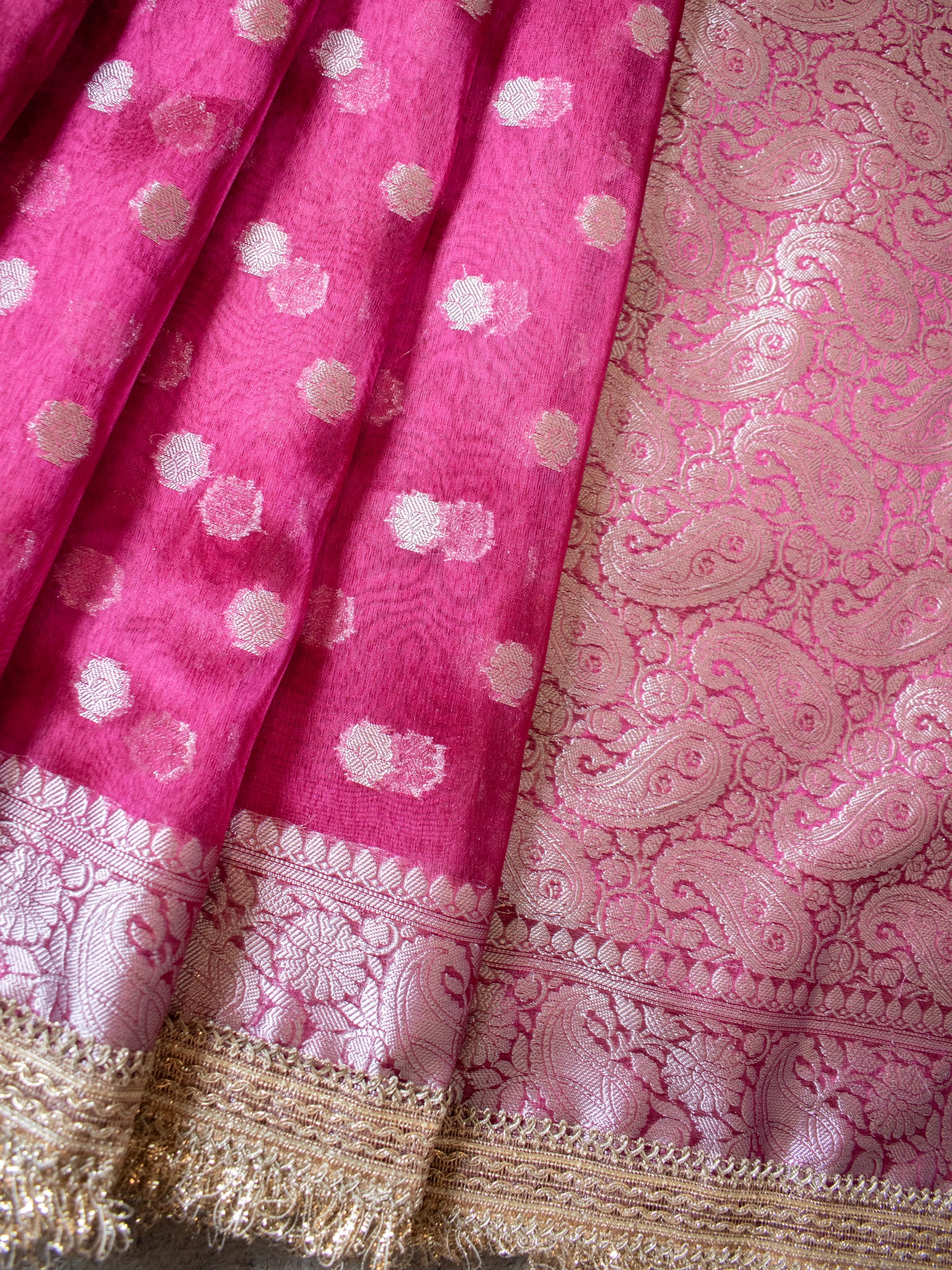 Banarasi Tissue Saree With Silver Zari & Border - Magenta