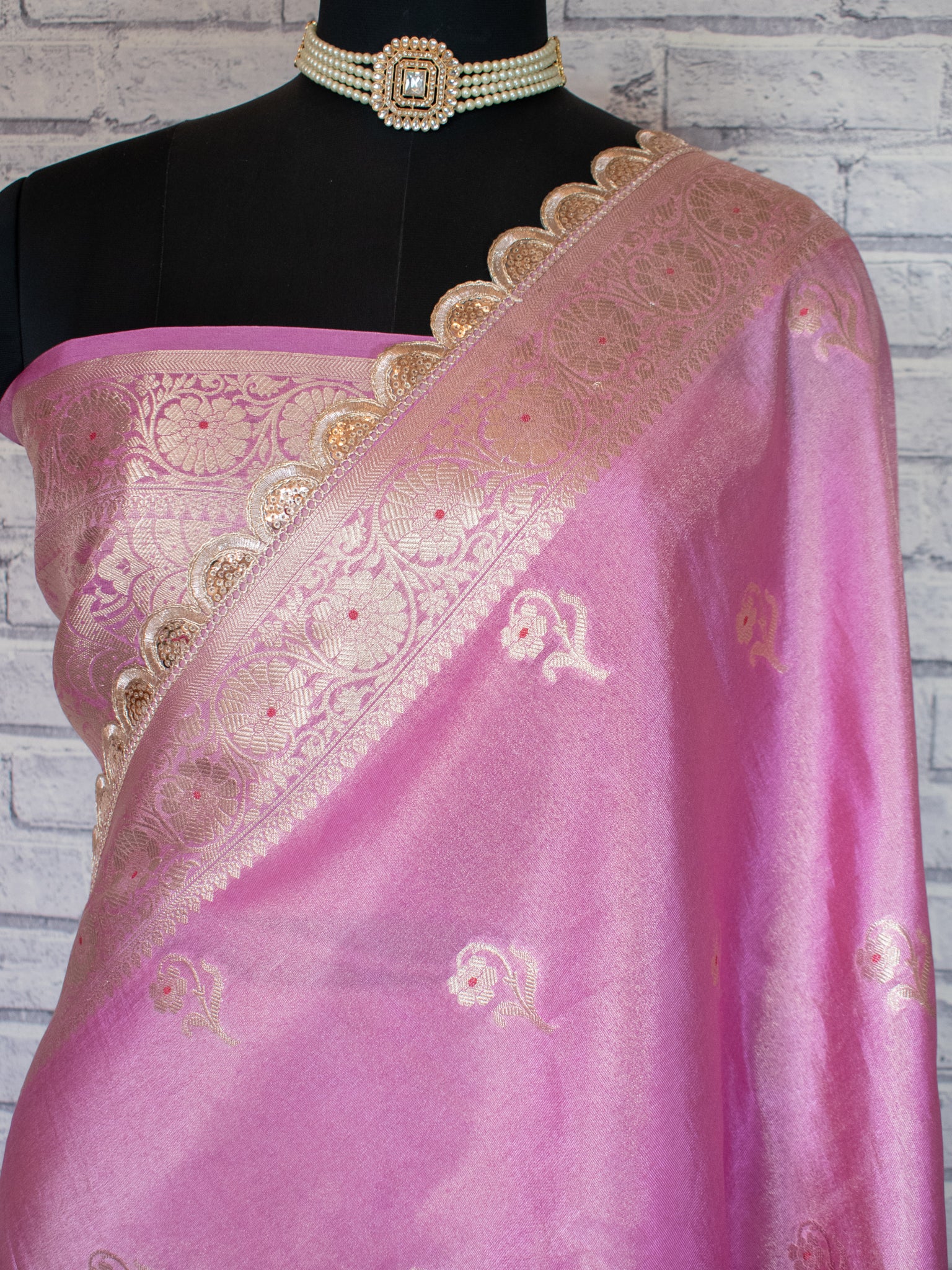 Banarasi Tissue Saree With Zari Weaving & Lace Border- Lavender