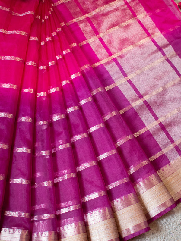 Banarasi Shaded Organza Saree With Zari Weaving-Pink