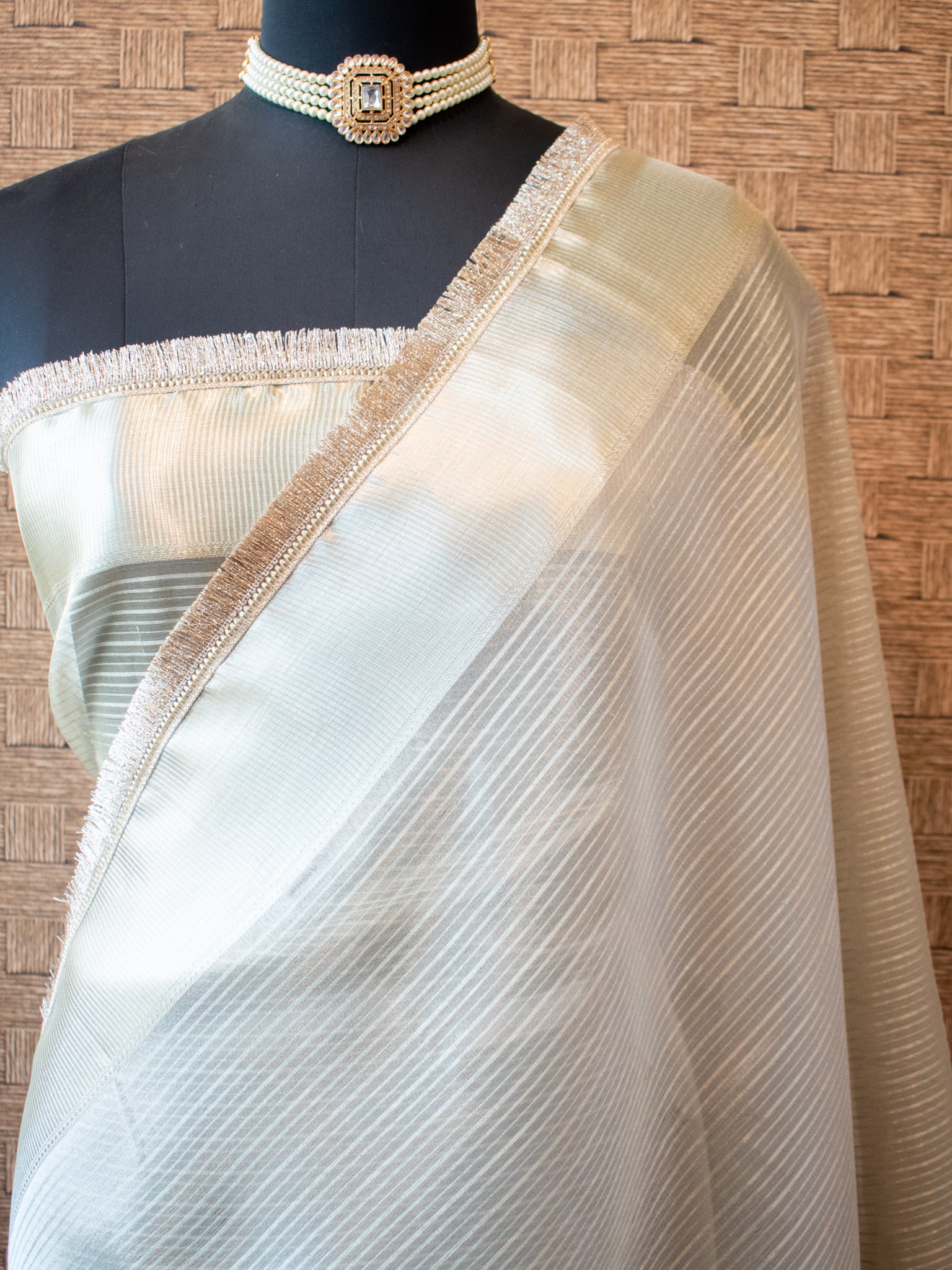 Banarasi Tissue Saree with Lace Border- Silver