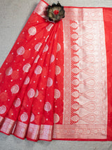 Banarasi Cotton Silk Saree with Round Buta Silver Zari Weaving-Red