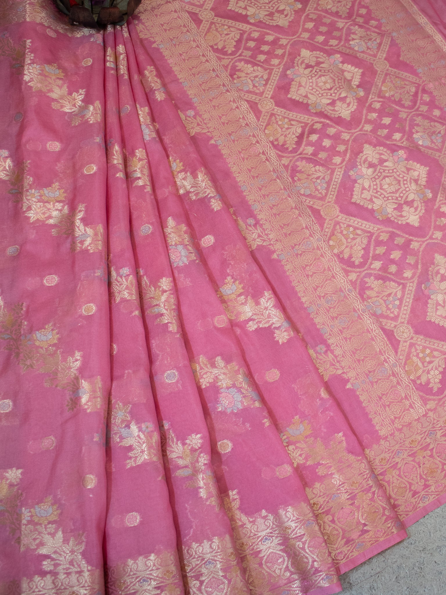 Banarasi Soft Cotton Saree with Floral Weaving & Border- Pink