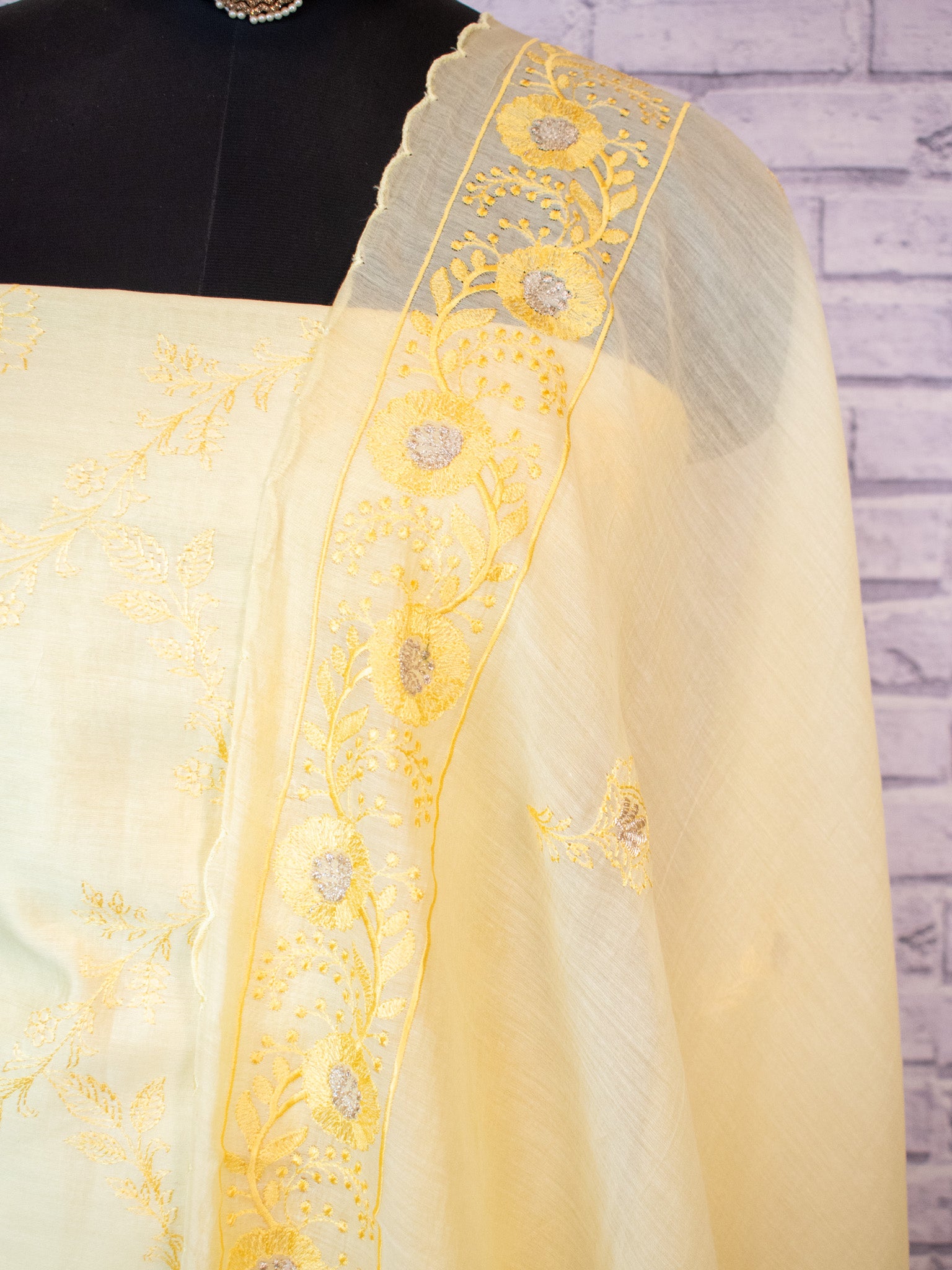 Banarasi Soft Cotton Embroidered Salwar Kameez Fabric With Dupatta- Yellow