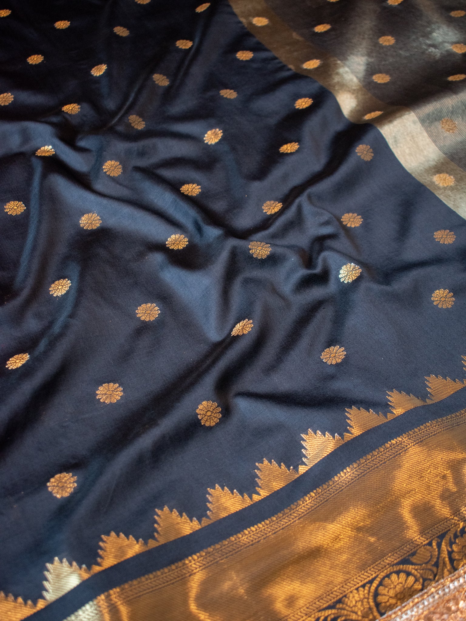 Banarasi Semi Silk Saree with Zari Buti Weaving & Lace Border - Black