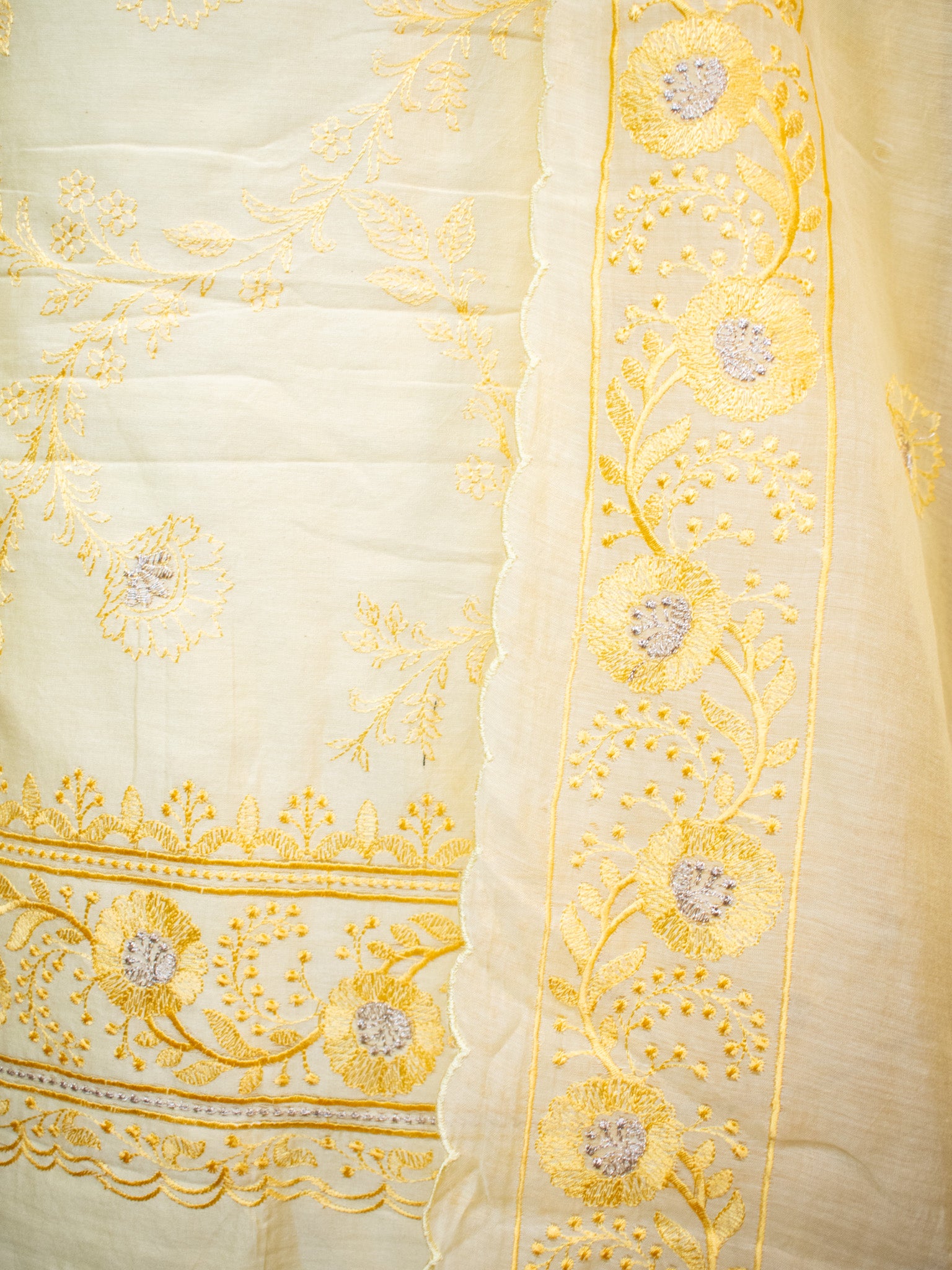 Banarasi Soft Cotton Embroidered Salwar Kameez Fabric With Dupatta- Yellow