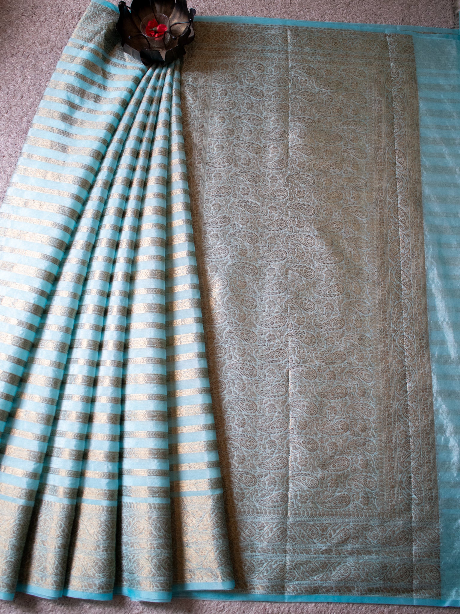 Banarasi Semi Cotton Saree Antique Weaving &  Border- Blue