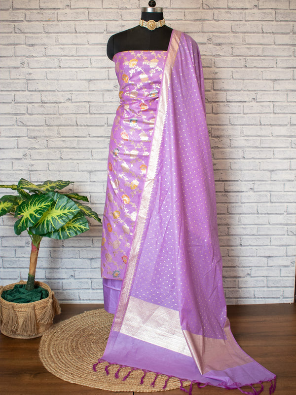 Cotton Silk Salwar Kameez Material With Silver Zari Jaal Weaving & Dupatta-Purple