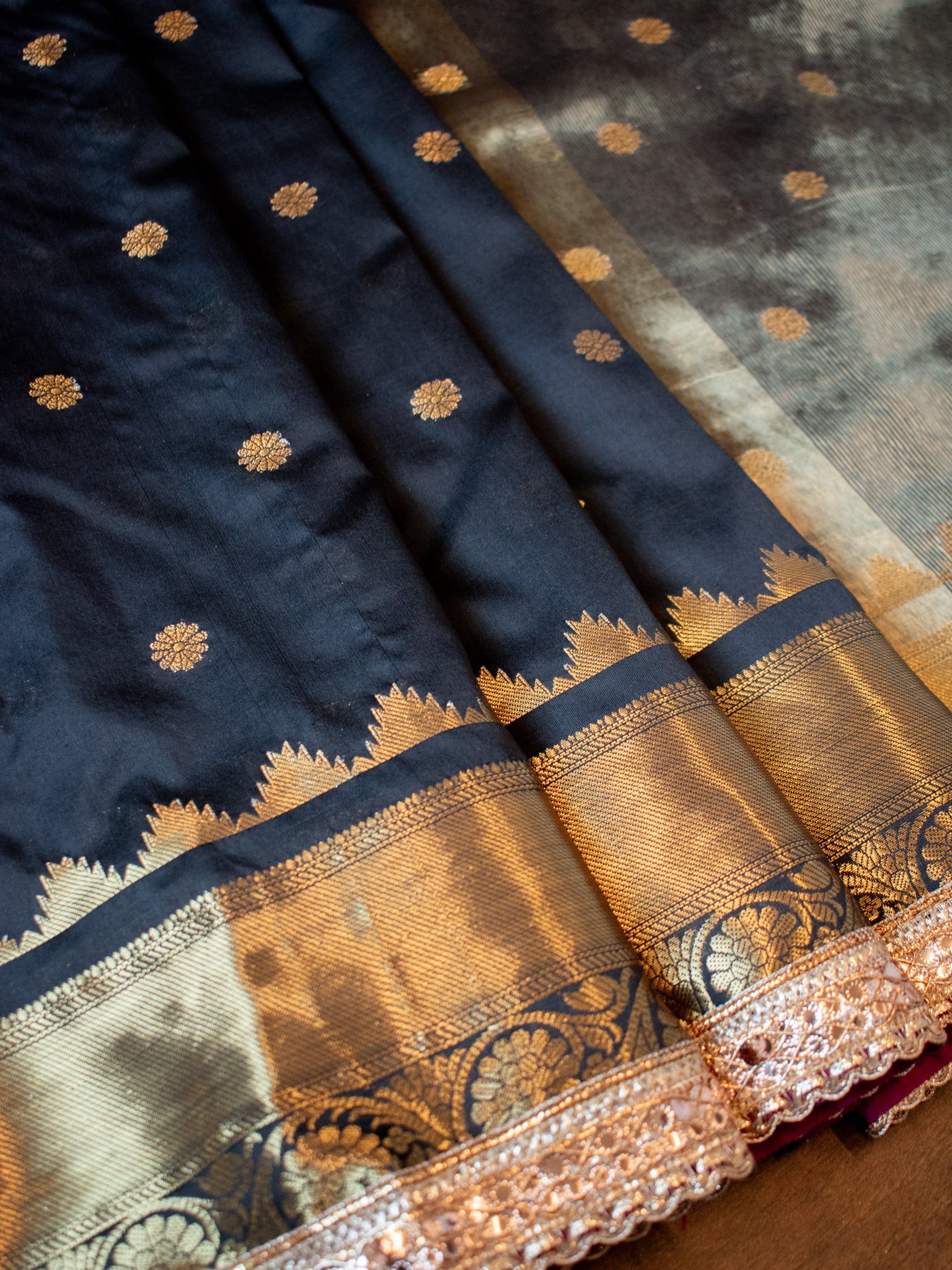 Banarasi Semi Silk Saree with Zari Buti Weaving & Lace Border - Black