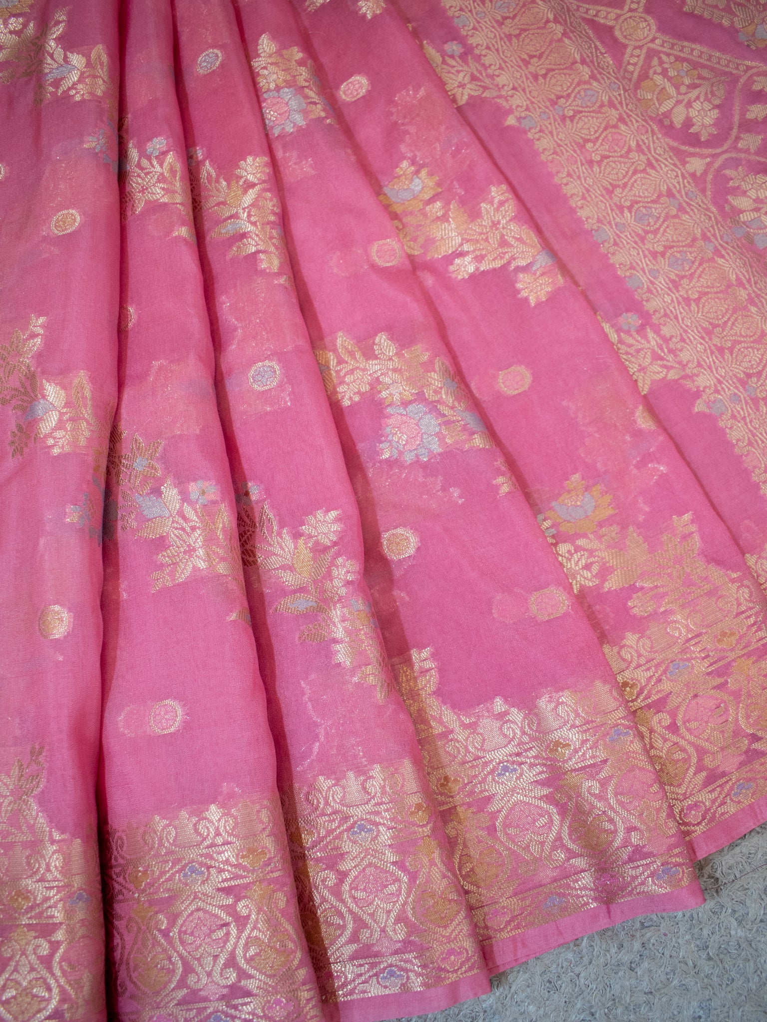 Banarasi Soft Cotton Saree with Floral Weaving & Border- Pink