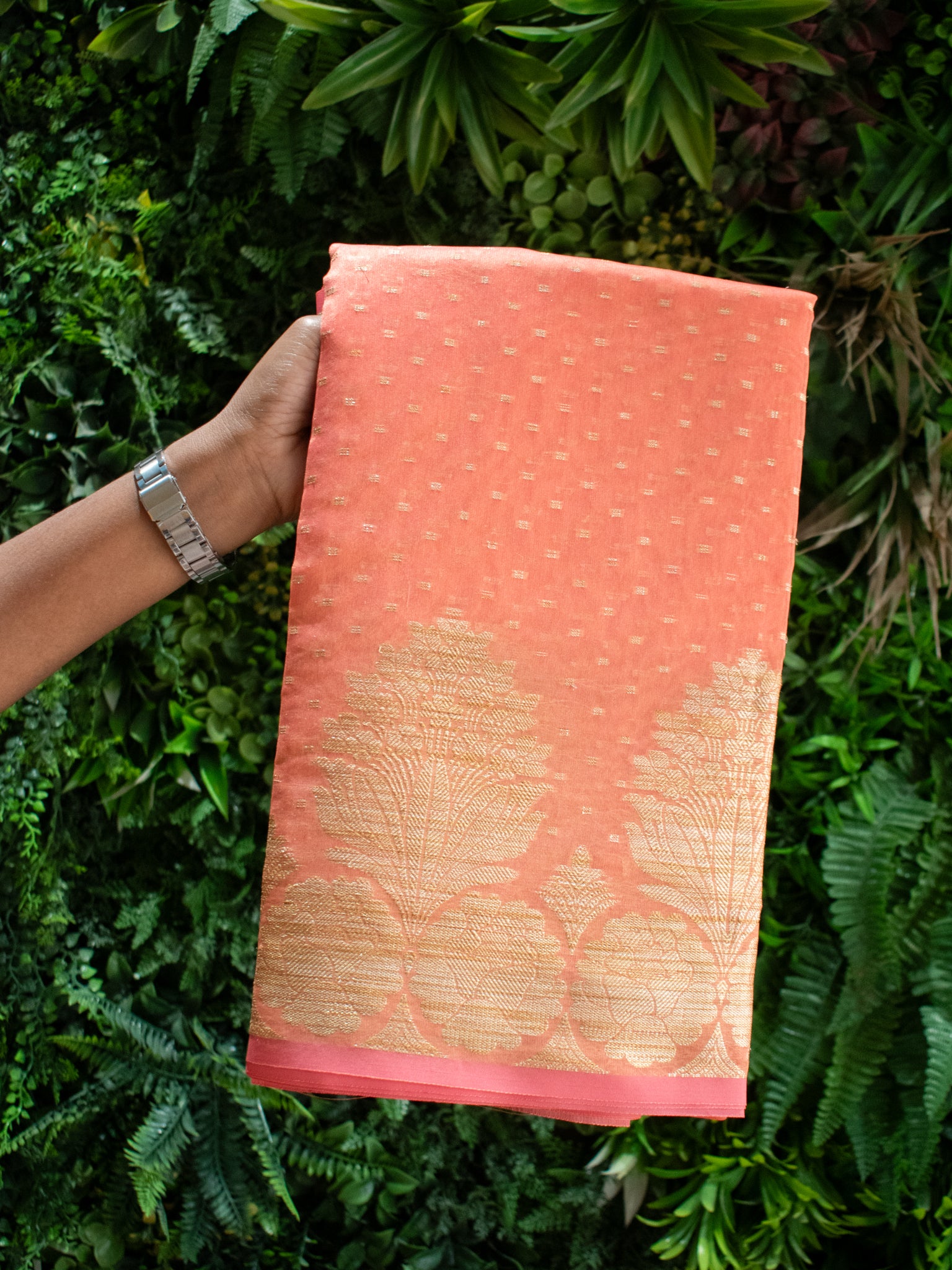 Banarasi Cotton Mix Saree With Floral Border-Peach