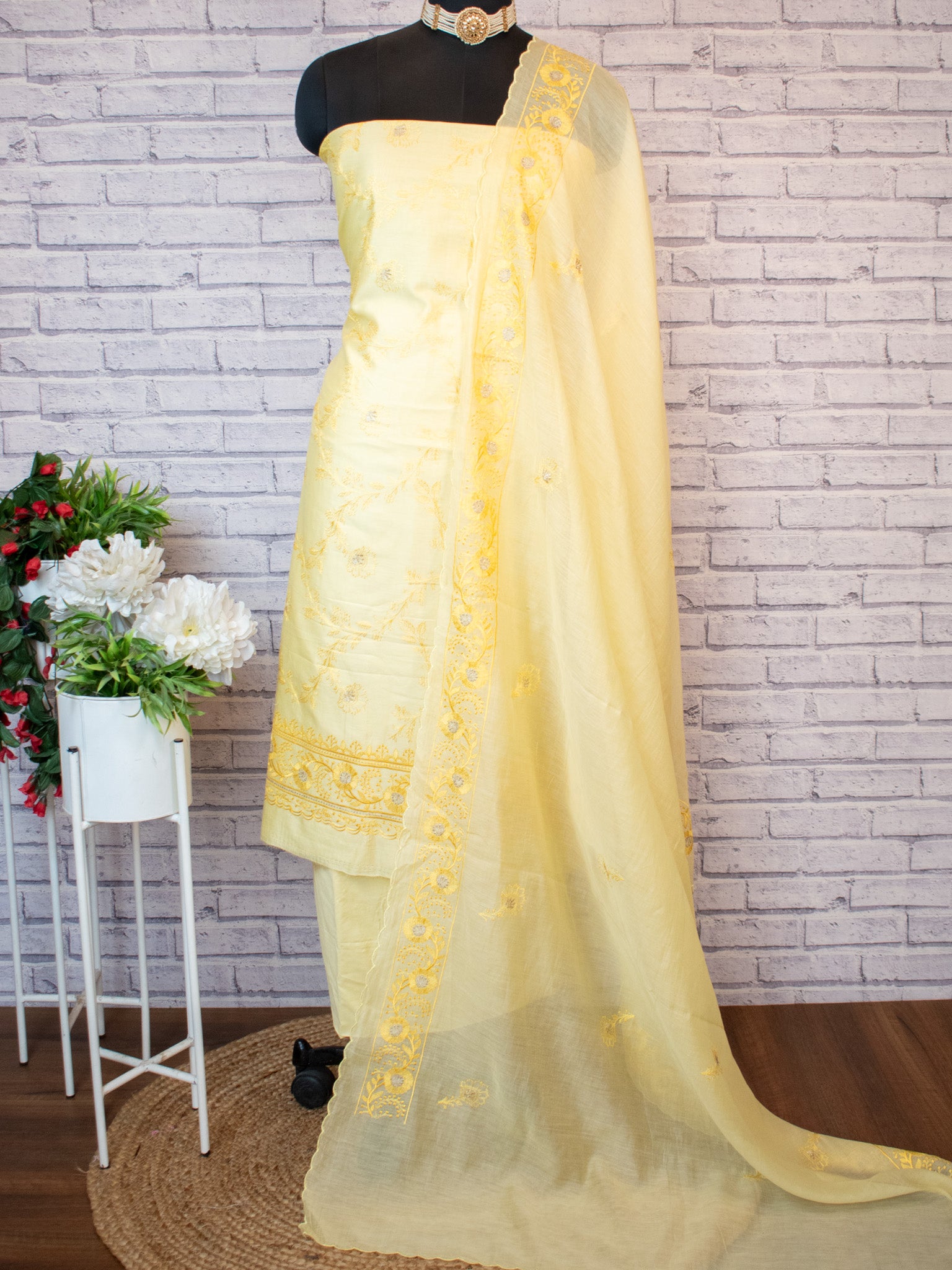 Banarasi Soft Cotton Embroidered Salwar Kameez Fabric With Dupatta- Yellow