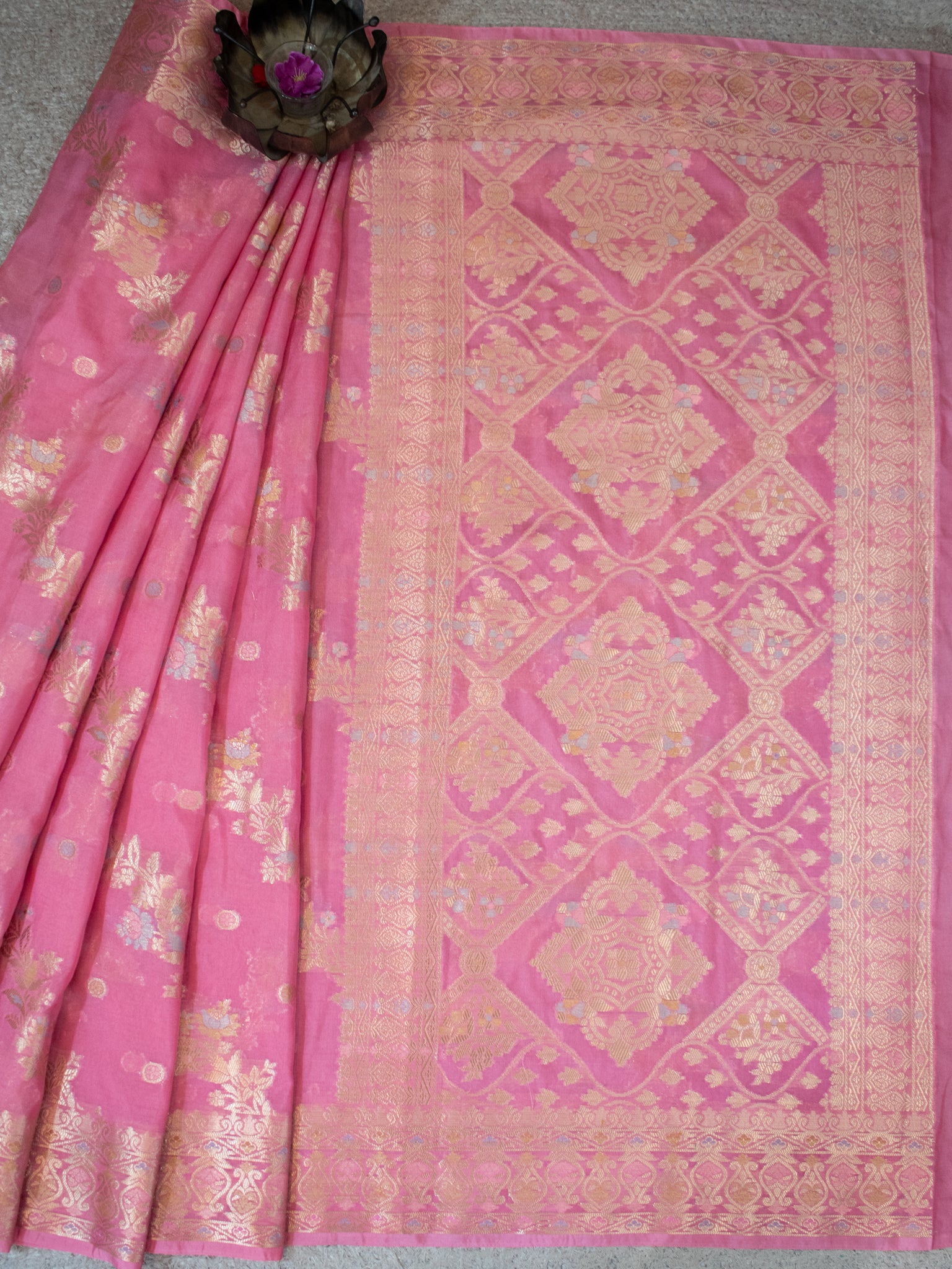 Banarasi Soft Cotton Saree with Floral Weaving & Border- Pink