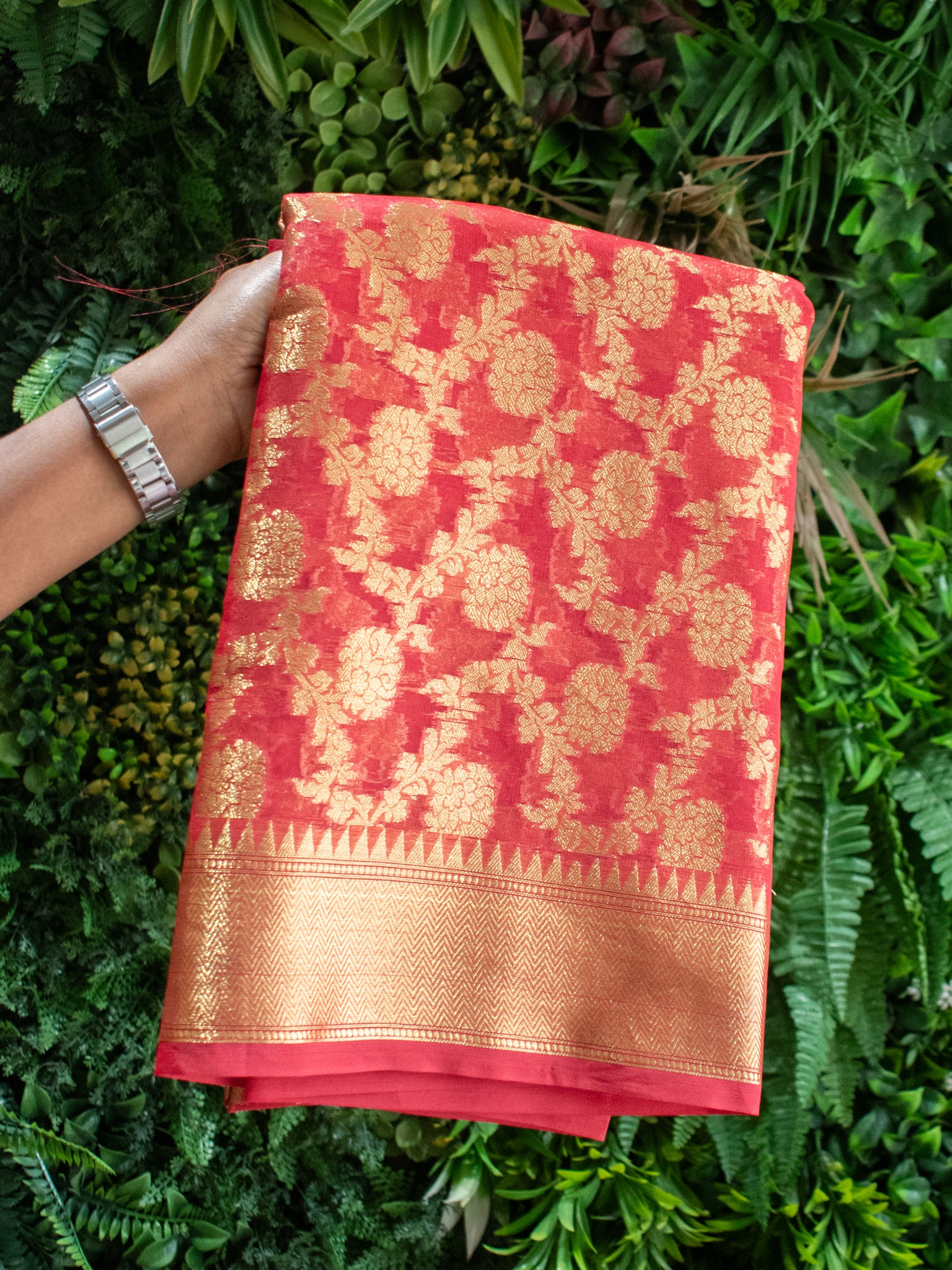 Banarasi Kora Saree With Zari Jalal Weaving- Red