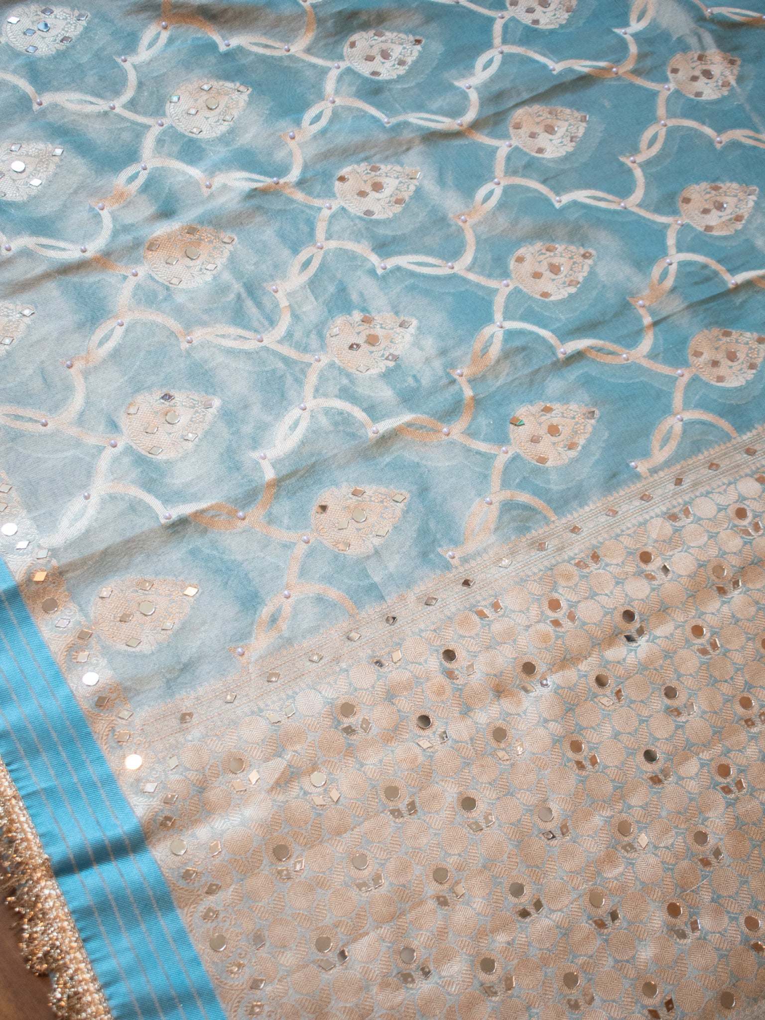 Banarasi Soft Tissue Saree With Mirror Work & Lace Border- Aqua Blue