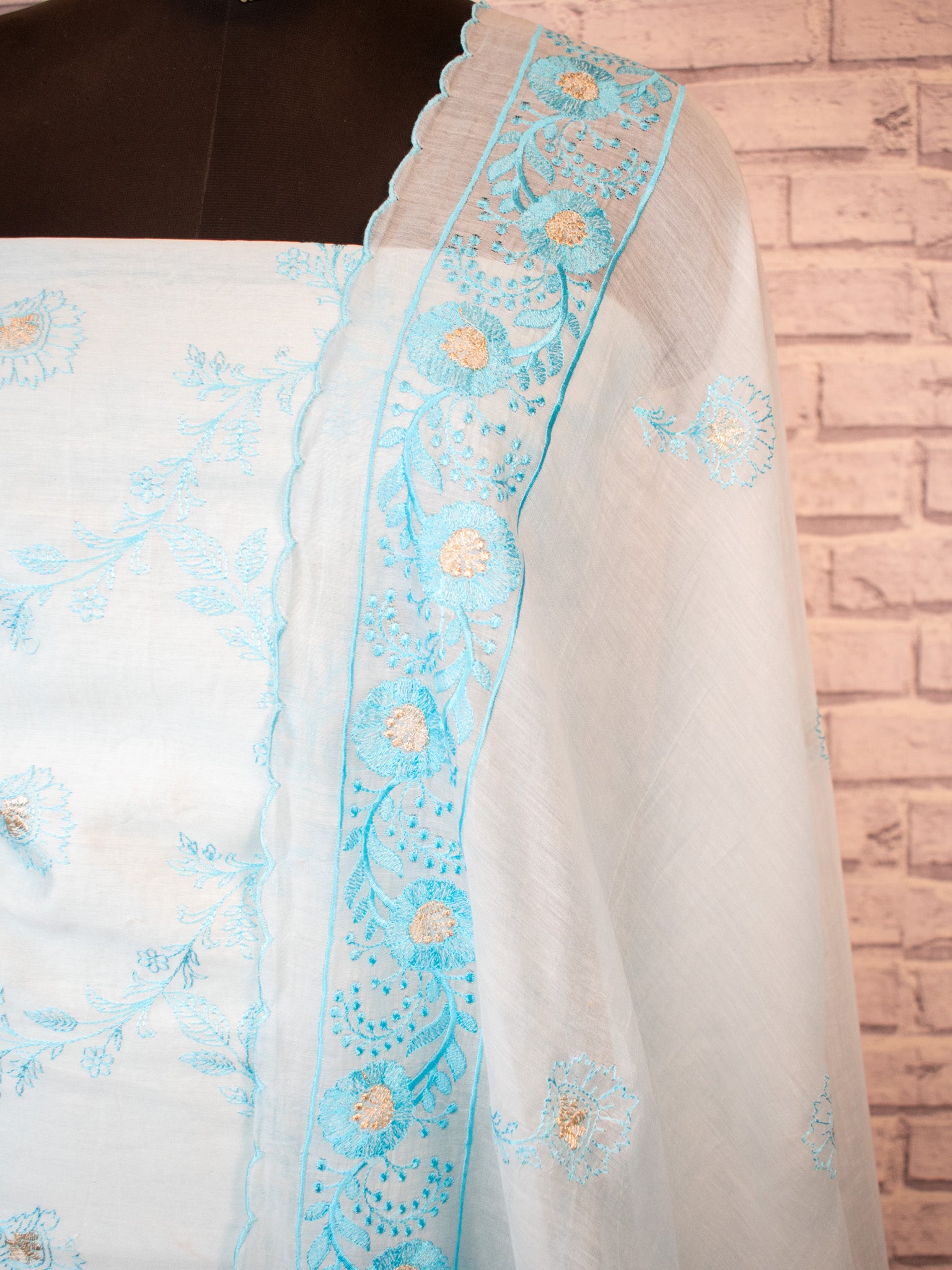 Banarasi Soft Cotton Embroidered Salwar Kameez Fabric With Dupatta- Blue