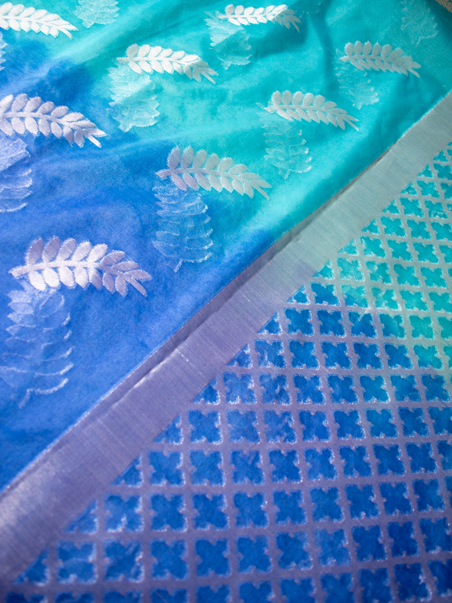 Banarasi Organza Dual Shade Saree With Zari Border- Blue & White