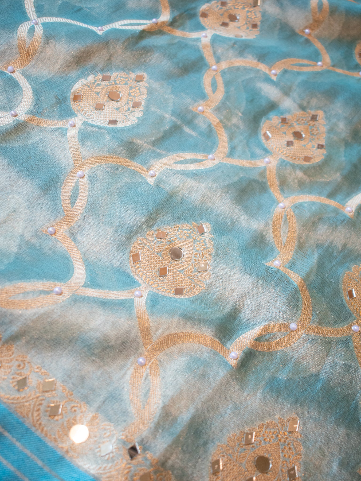 Banarasi Soft Tissue Saree With Mirror Work & Lace Border- Aqua Blue
