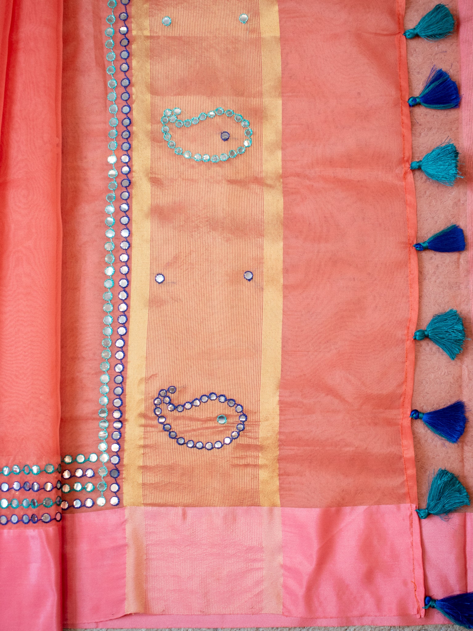 Banarasi Organza Saree With Embroidery & Border - Peach
