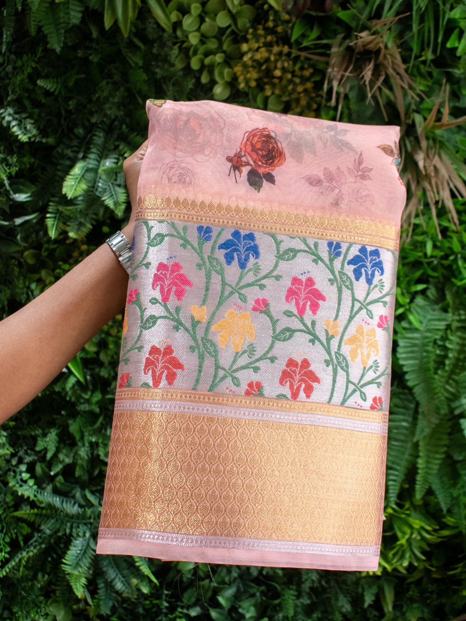 Banarasi Floral Printed Pure Organza Saree With Meena Weaving Border-Peach