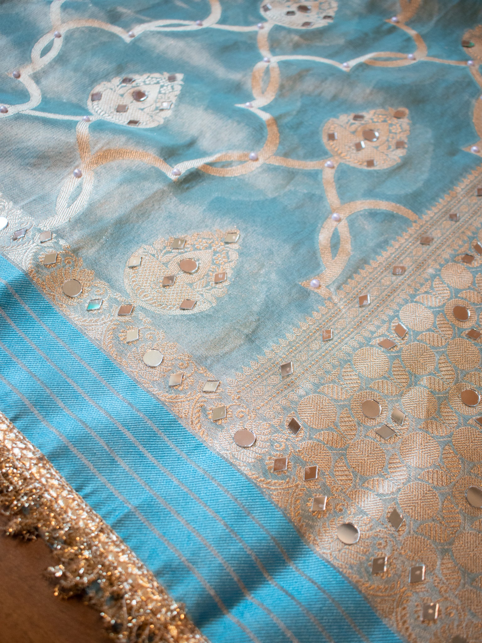 Banarasi Soft Tissue Saree With Mirror Work & Lace Border- Aqua Blue