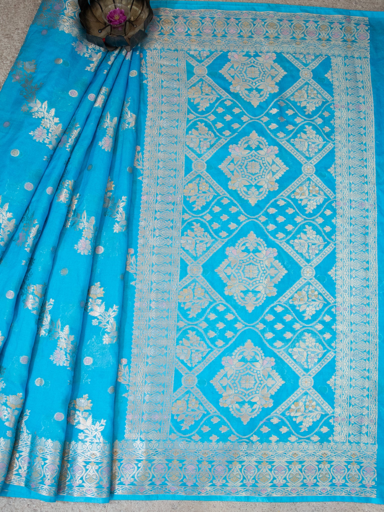 Banarasi Soft Cotton Saree with Floral Weaving & Border- Sky Blue