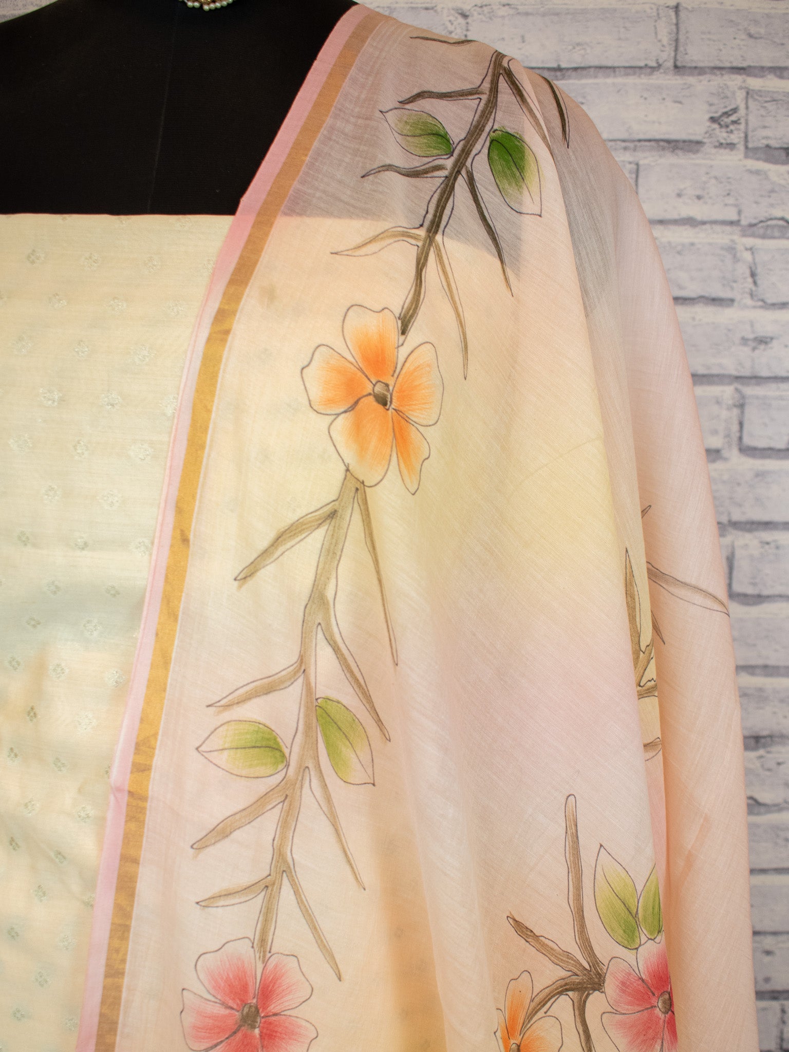 Banarasi Soft Cotton Salwar Kameez Fabric With Hand Painted Dupatta- Peach