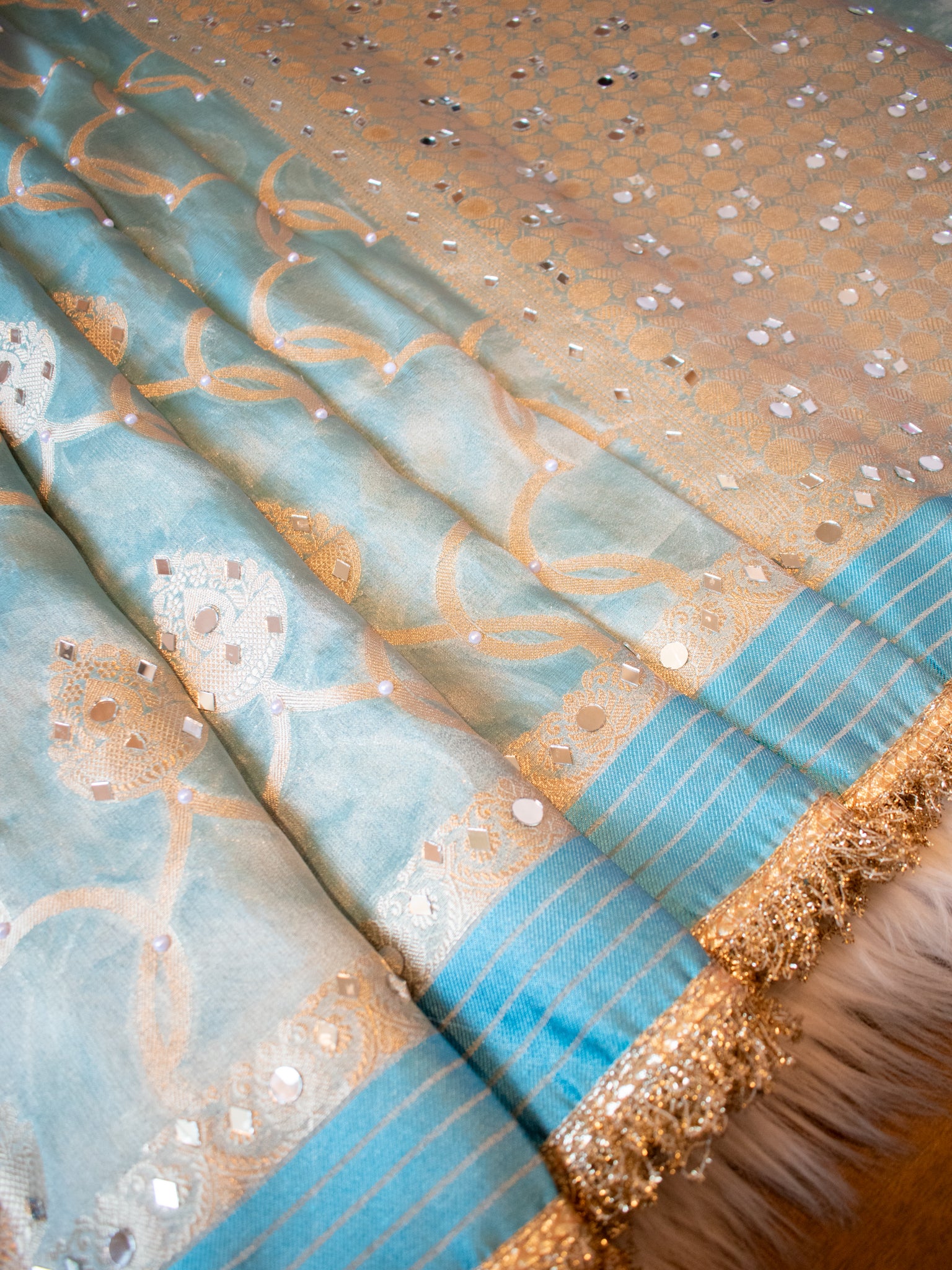 Banarasi Soft Tissue Saree With Mirror Work & Lace Border- Aqua Blue