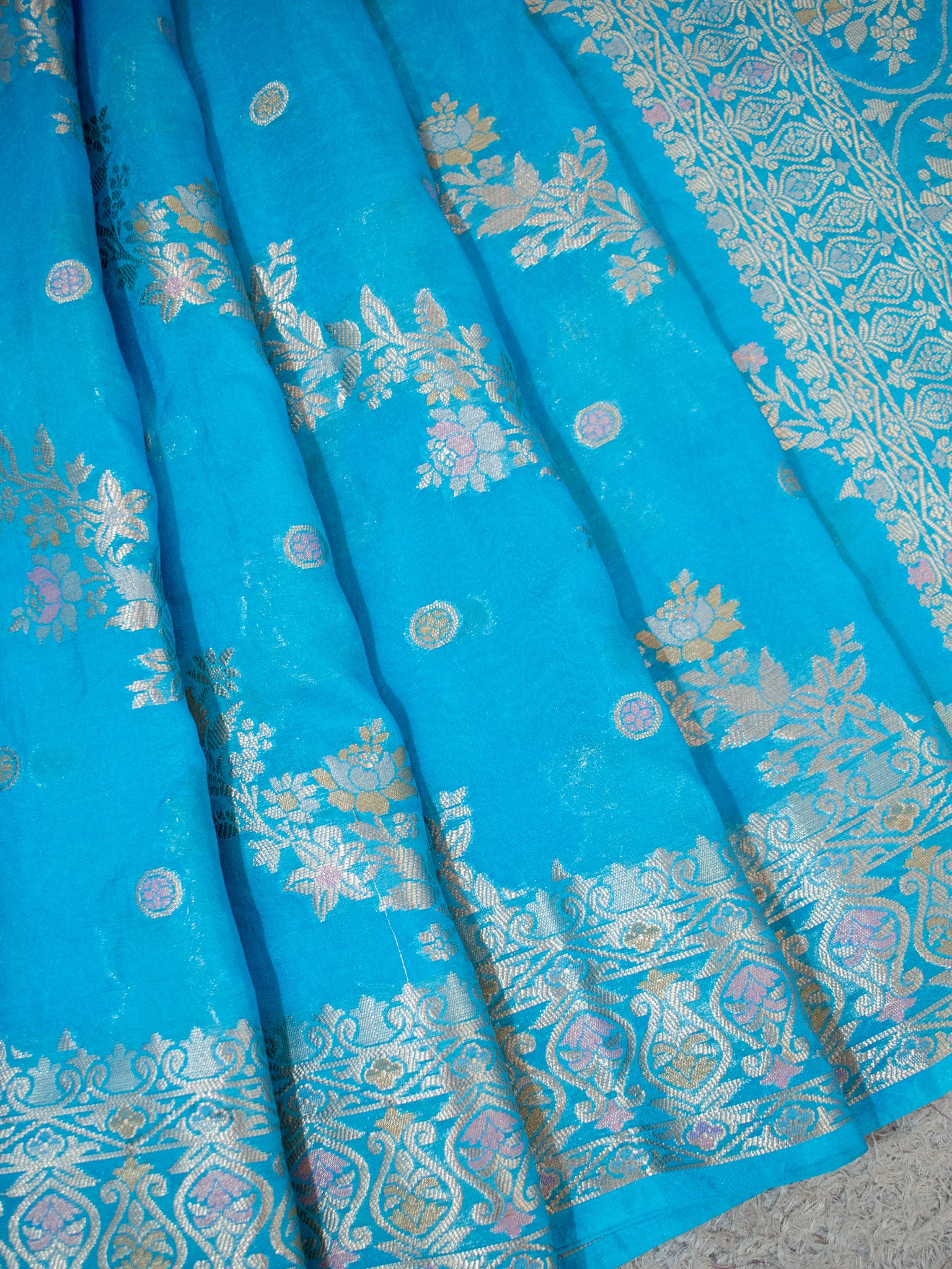 Banarasi Soft Cotton Saree with Floral Weaving & Border- Sky Blue