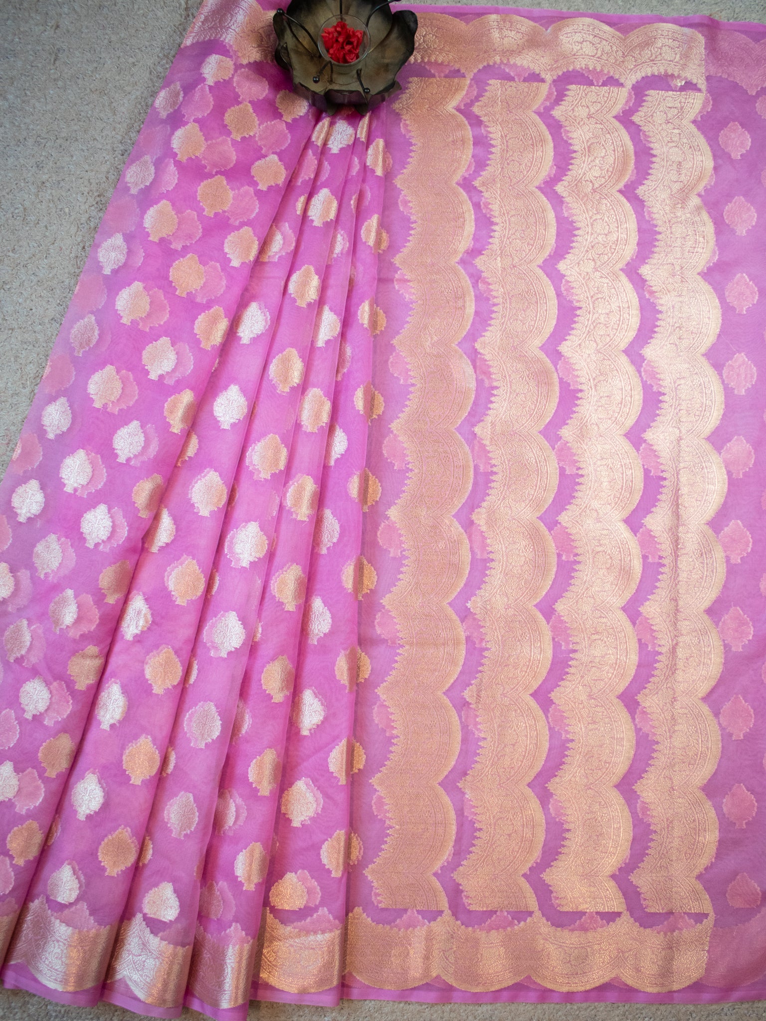 Banarasi Organza Saree With Zari Buta & Border- Pink