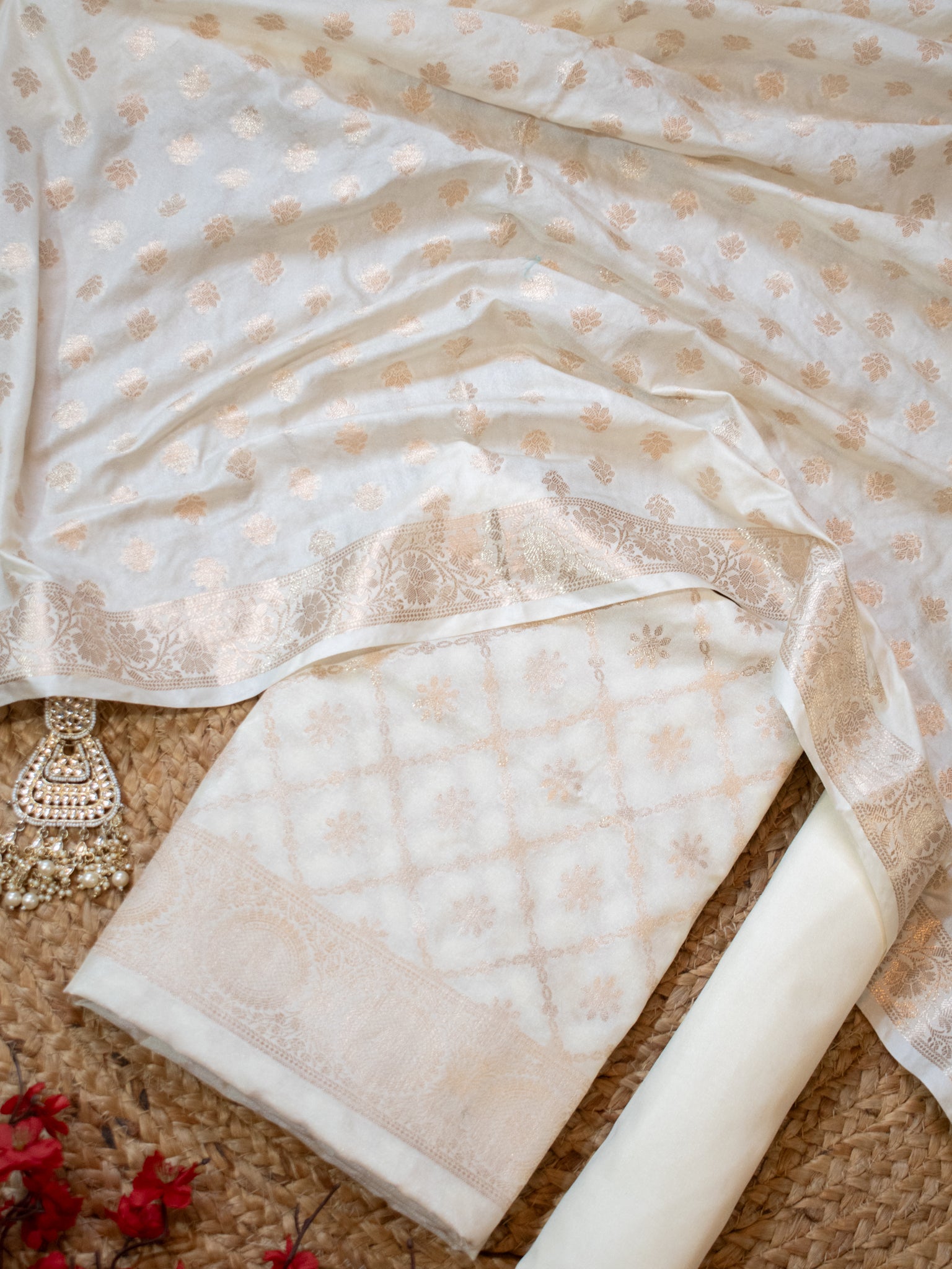 Banarasi Semi Katan Salwar Kameez Fabric With Dupatta- Off White