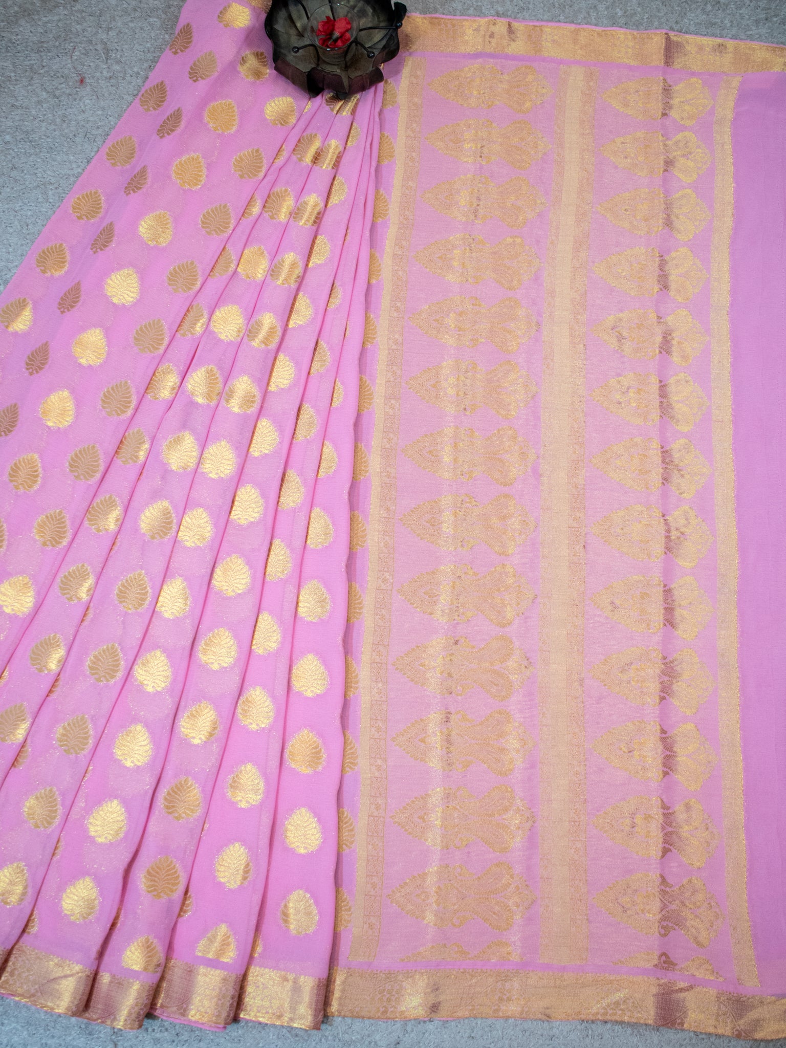 Banarasi Semi Chiffon Saree Gold Zari Floral Buti Weaving-  Pink