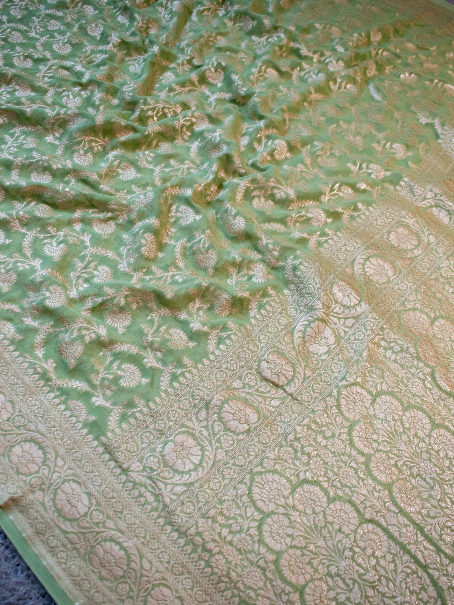 Banarasi Pure Khaddi Georgette Saree With Floral Jaal Zari Weaving- Green