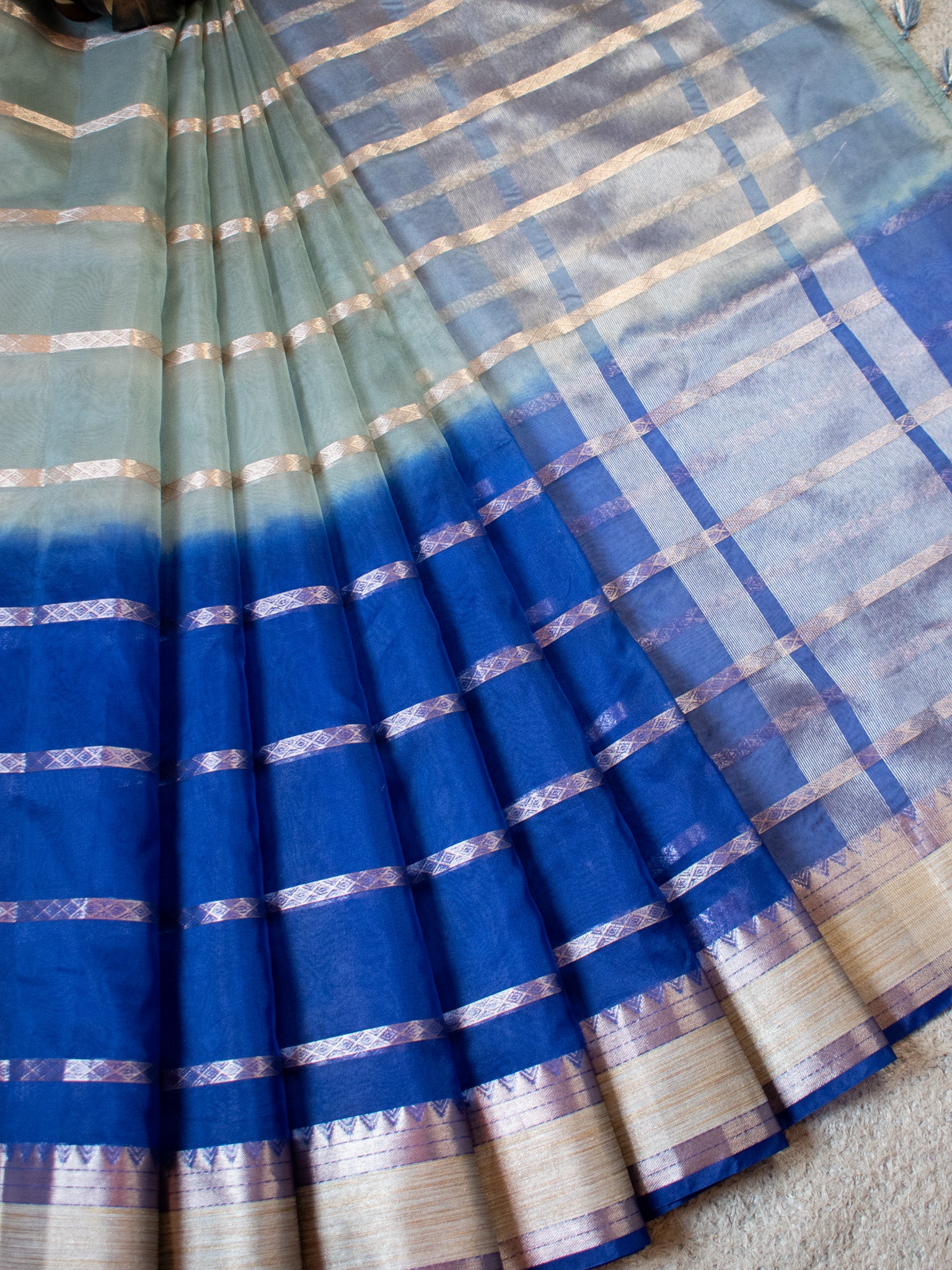 Banarasi Shaded Organza Saree With Zari Weaving-Blue & Grey