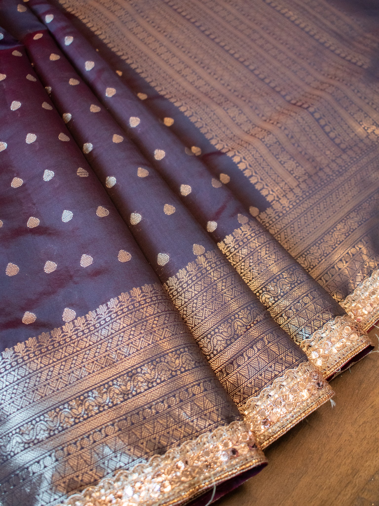 Banarasi Semi Silk Saree with Zari Buti Weaving & Lace Border - Brown