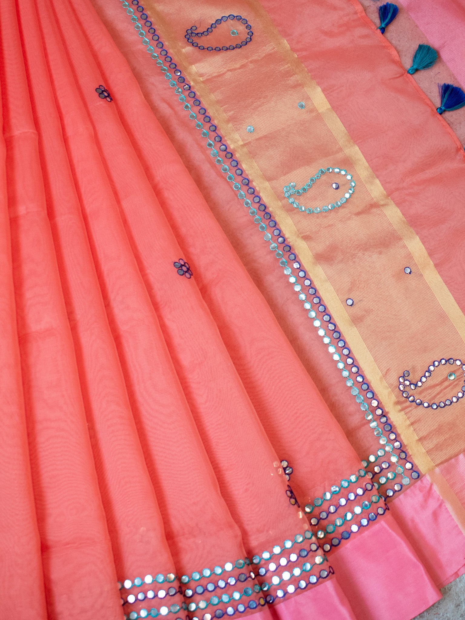 Banarasi Organza Saree With Embroidery & Border - Peach