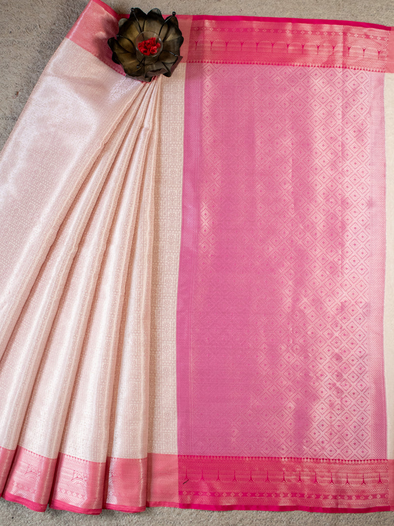 Banarasi Kora Muslin Saree With Tanchoi Weaving & Contrast Border-White