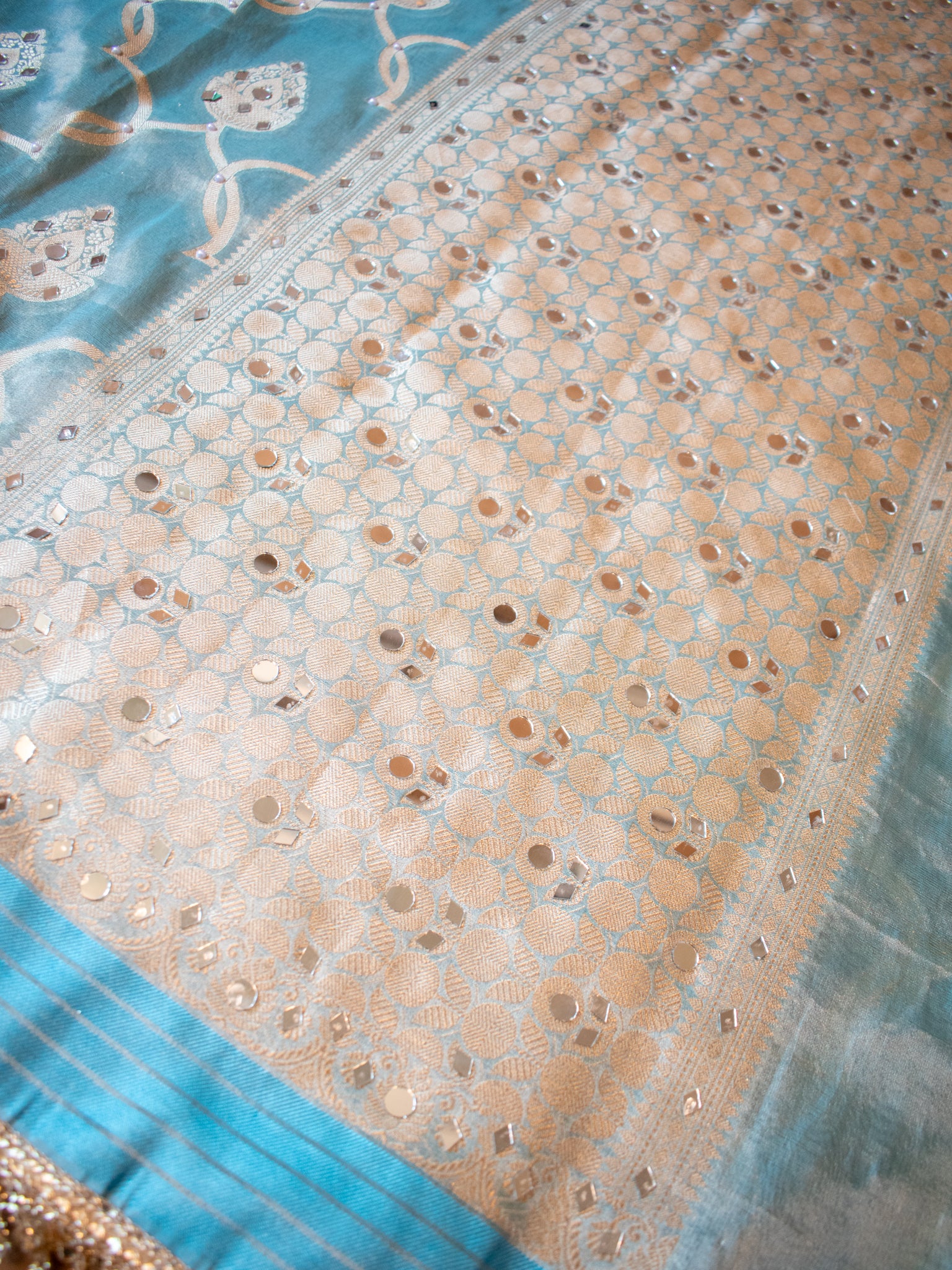 Banarasi Soft Tissue Saree With Mirror Work & Lace Border- Aqua Blue