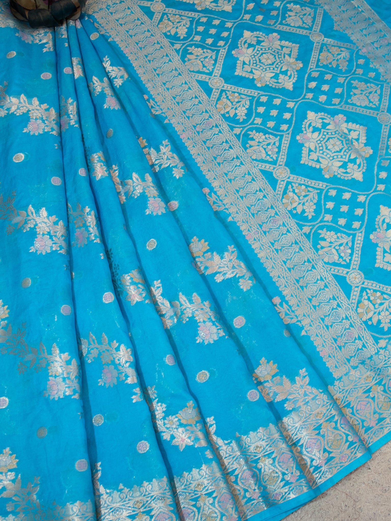 Banarasi Soft Cotton Saree with Floral Weaving & Border- Sky Blue