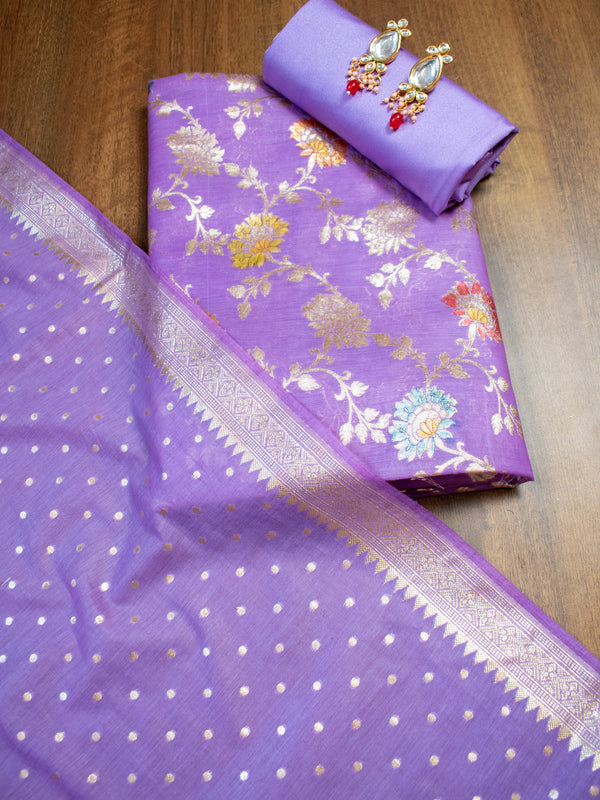 Cotton Silk Salwar Kameez Material With Silver Zari Jaal Weaving & Dupatta-Purple