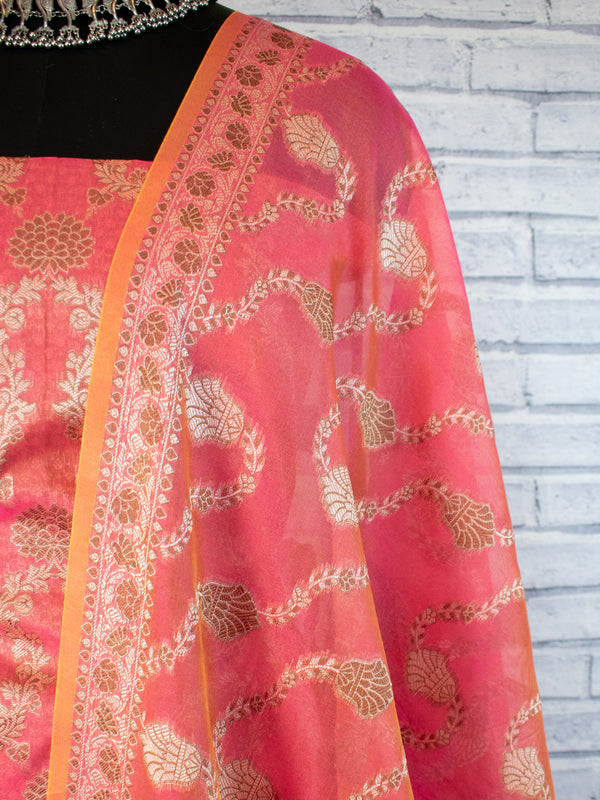 Banarasi Cotton Silk Salwar Kameez Fabric Resham Weaving & Jaal Dupatta-Pink