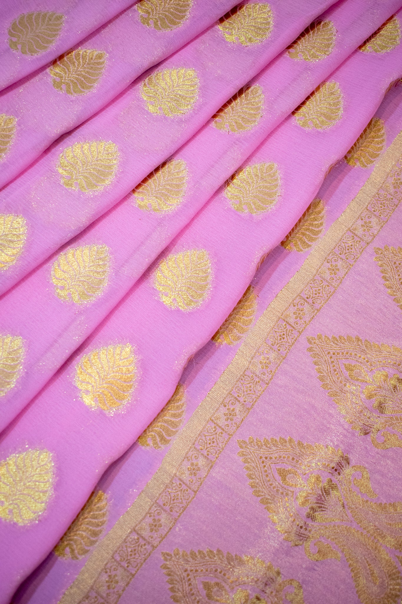 Banarasi Semi Chiffon Saree Gold Zari Floral Buti Weaving-  Pink