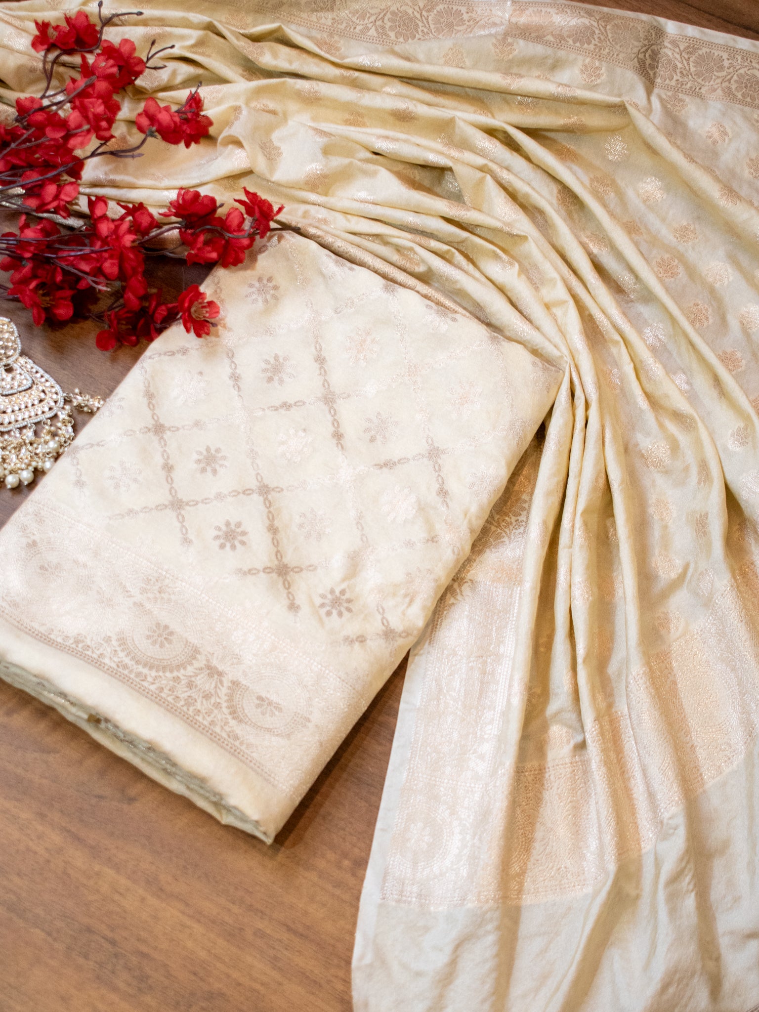Banarasi Semi Katan Salwar Kameez Fabric With Dupatta- Beige