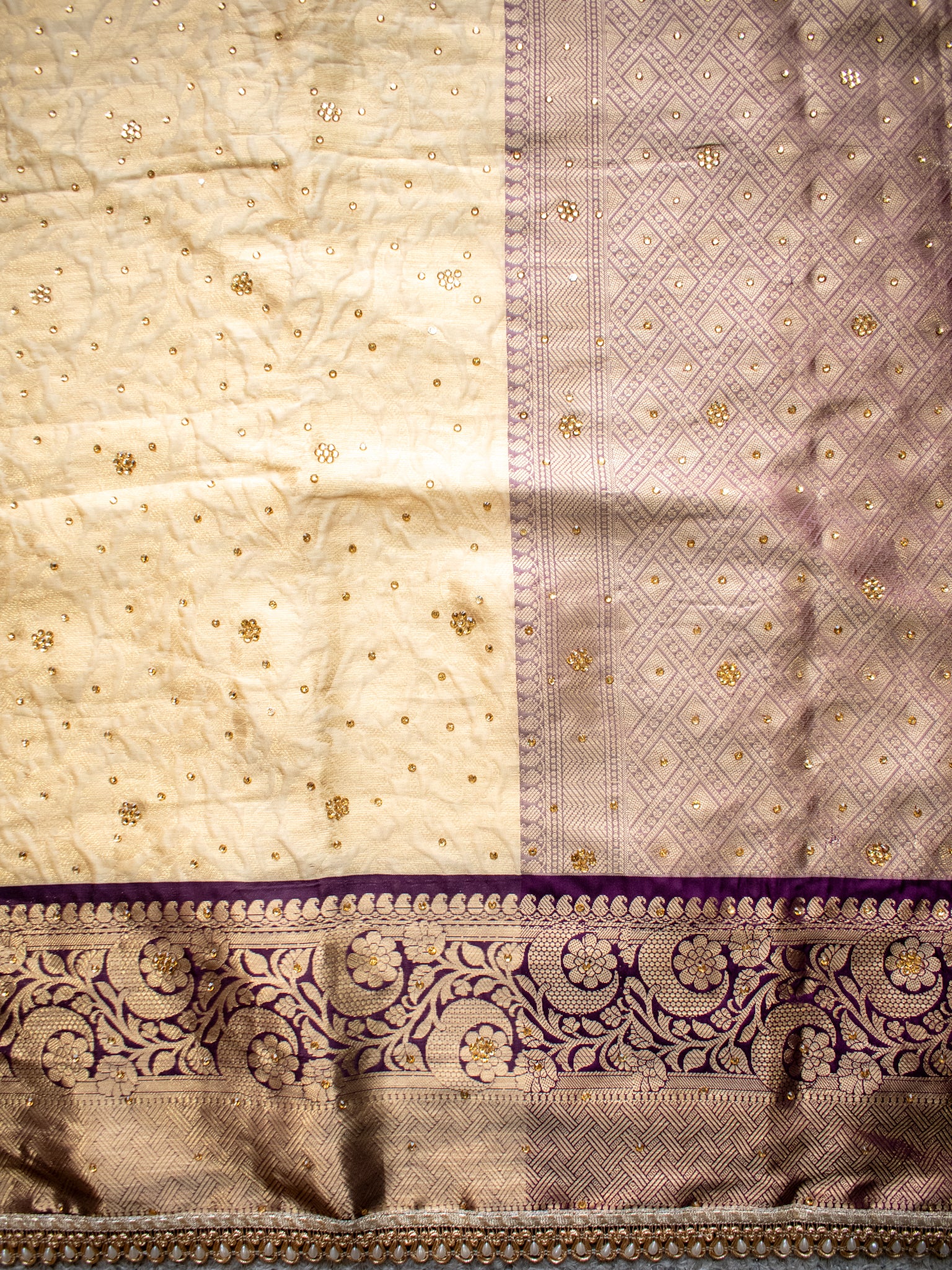Banarasi Tissue Saree with Zari Weaving & Contrast Border With Lace- Beige