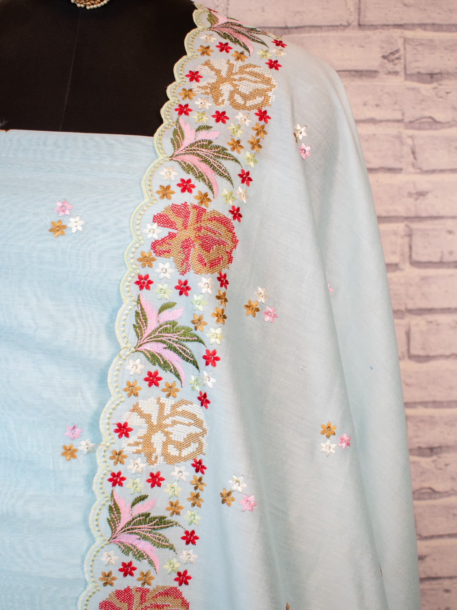 Banarasi Soft Cotton Embroidered Salwar Kameez Fabric With Dupatta- Blue