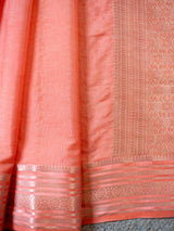 Banarasi Soft Cotton Plain Saree With Silver Weaving Border-Peach