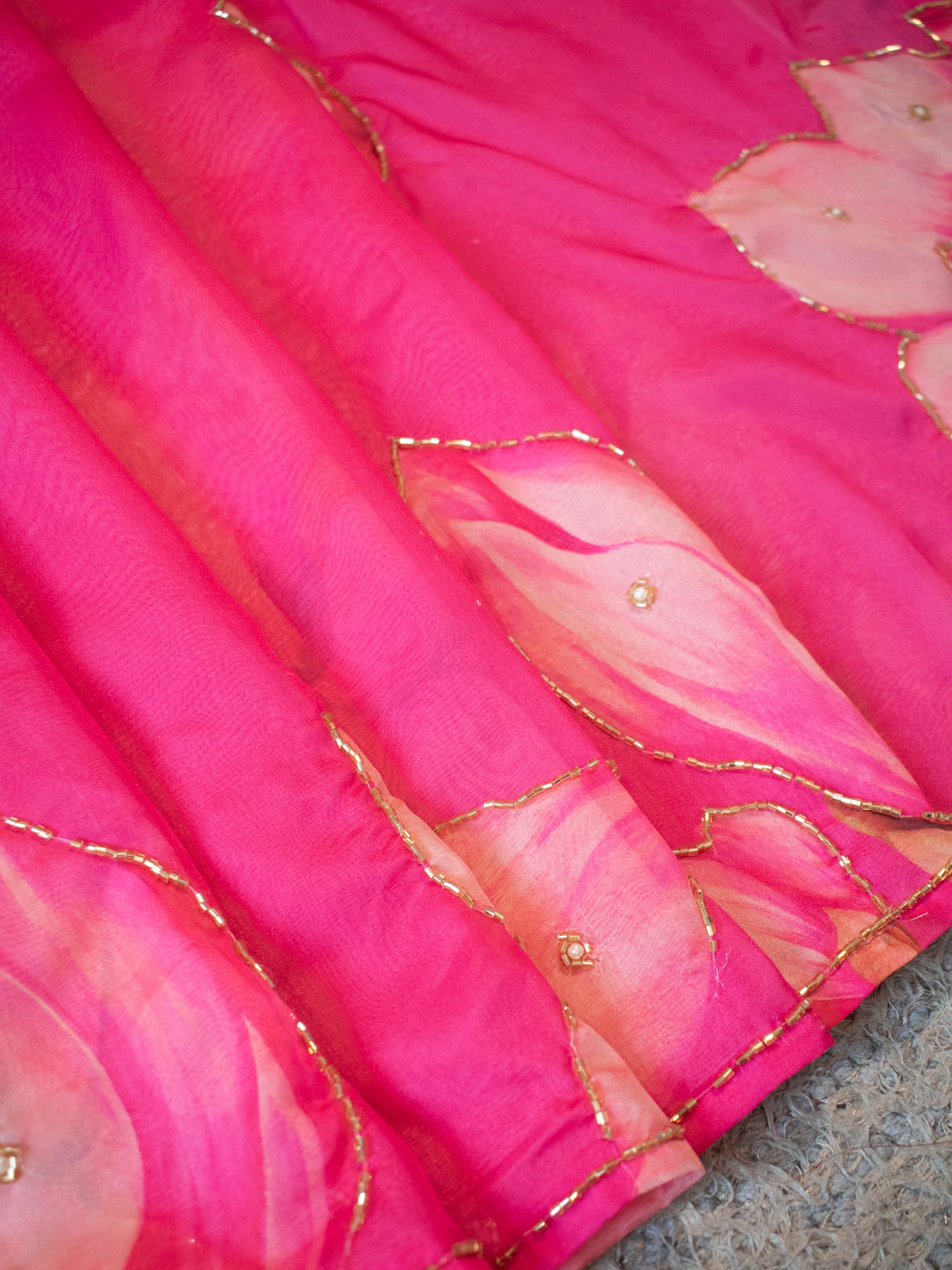 Semi Satin Floral Saree - Magenta
