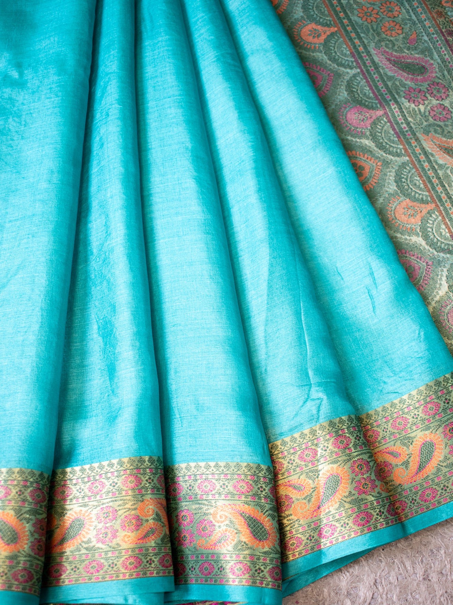 Banarasi Pure Tussar Saree With Resham Weaving Border- Turquois