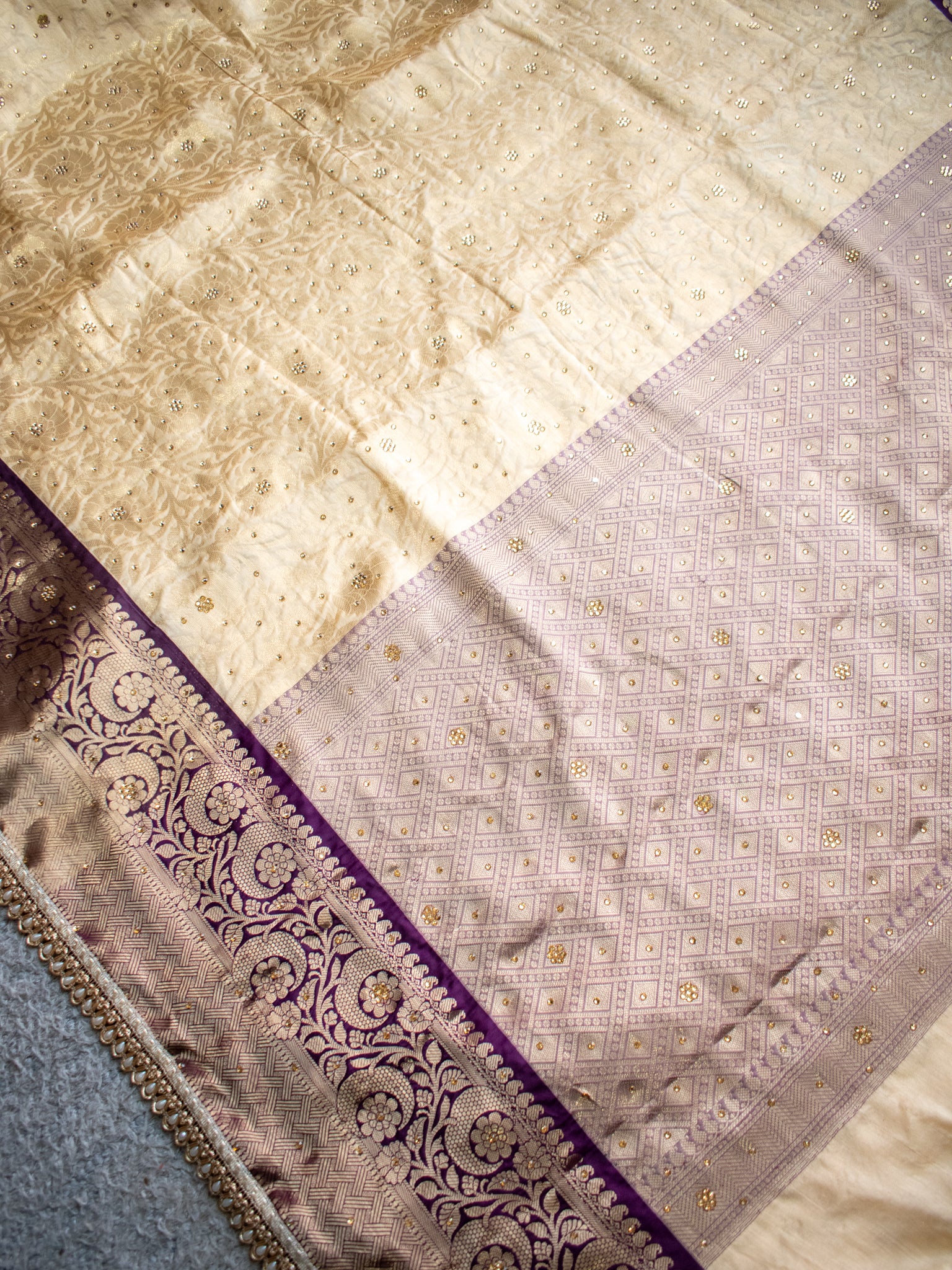 Banarasi Tissue Saree with Zari Weaving & Contrast Border With Lace- Beige